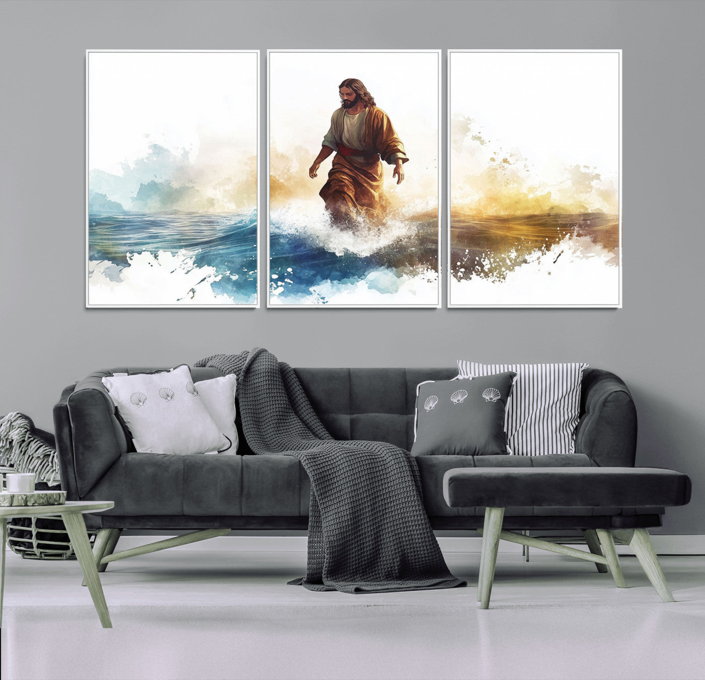 MGV-FC-60X30-3P - Watercolor Jesus Walking Wall Art Print, Jesus Water Canvas Print, Christian Wall Art, Jesus Christ