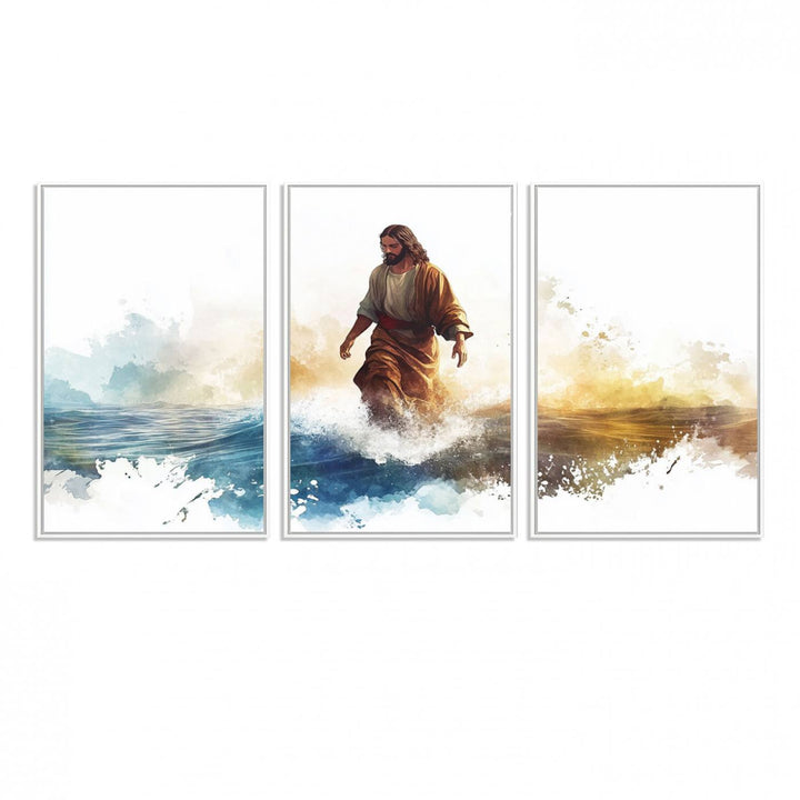 This watercolor canvas print depicts Jesus walking, characterized by abstract splashes against a serene background. It serves as a beautiful piece of Christian wall art.