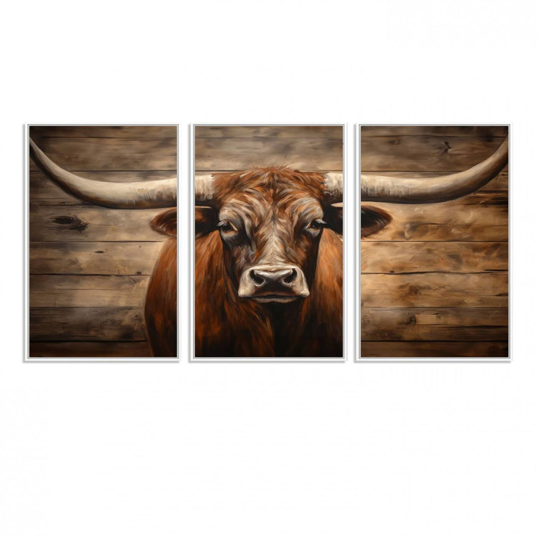 Longhorn Bull Canvas Print: Rustic Farmhouse Decor, Ready to Hang Western Barn Art.