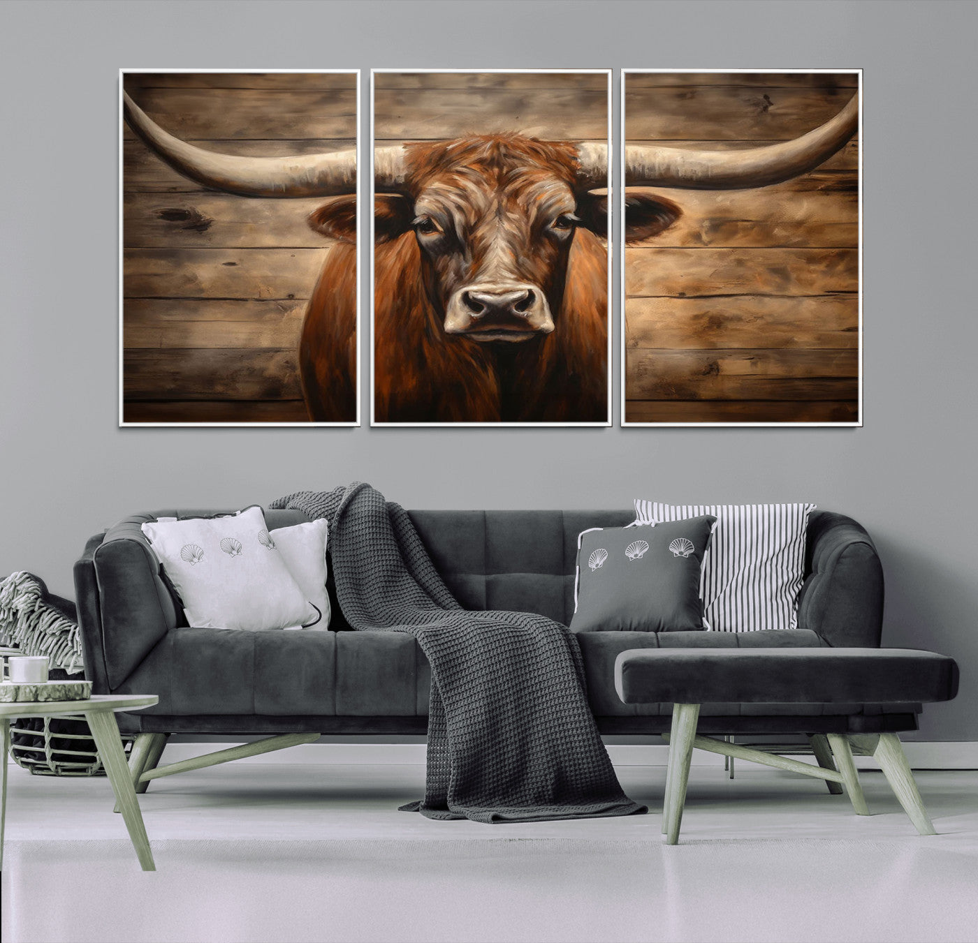 MGV-FC-60X30-3P - Longhorn Bull Wall Art | Canvas Print | Ready to Hang | Rustic Farmhouse Wall Decor | Western Barn