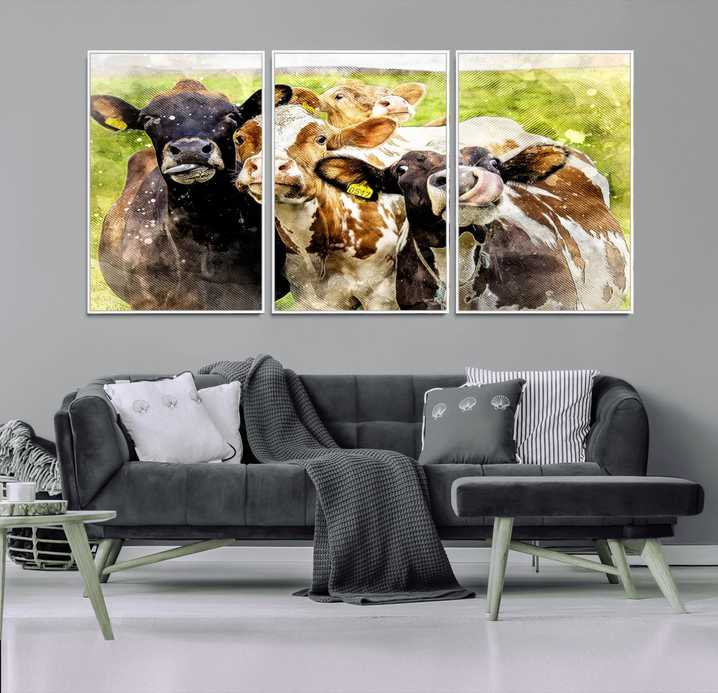 62642-MGV-FC-60X30-3P_White-Curious Cows Farmhouse Wall Art | Ready to Hang and Framed Canvas Print | Rustic Farm Decor