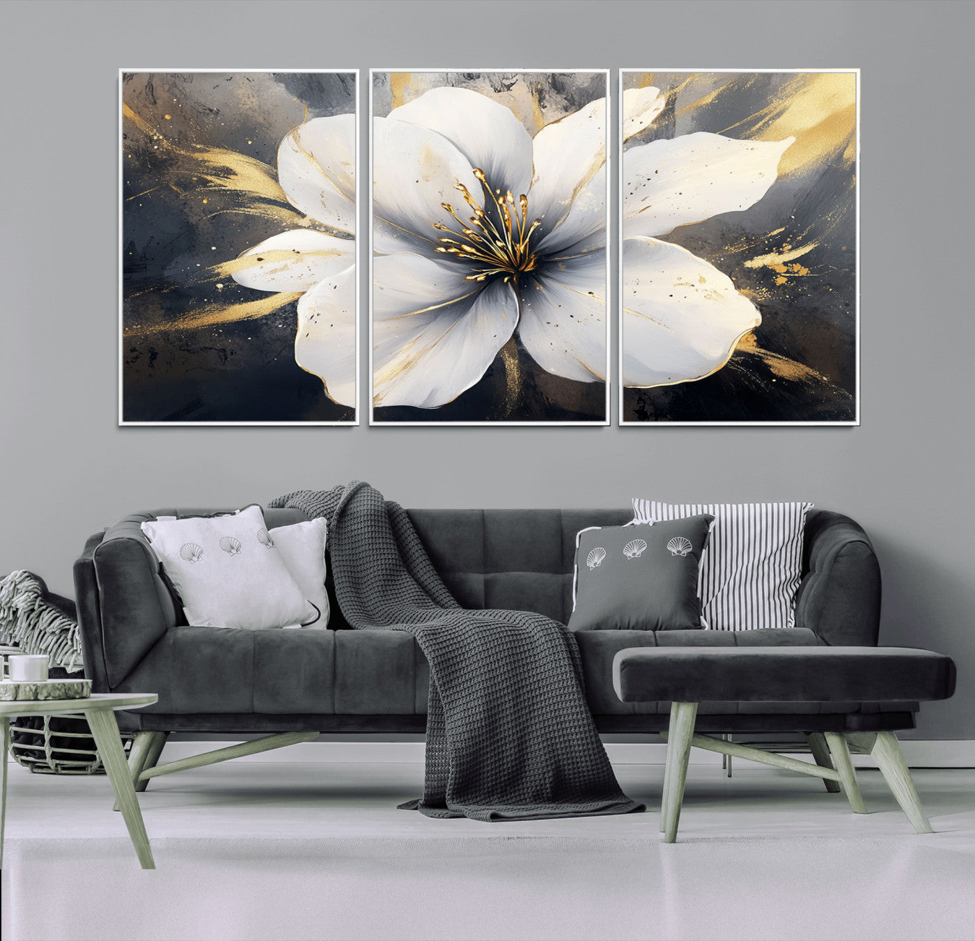 MGV-FC-60X30-3P - White Flower Wall Art Canvas Print | Ready to Hang | Abstract Floral Wall Decor | Elegant Bloom