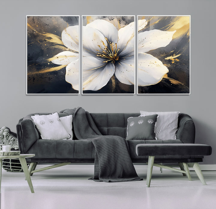 White Flower Wall Art | Canvas Print | Ready to Hang | Abstract Floral Wall Decor | Elegant Bloom Artwork | Framed for Living Room or Bedroom