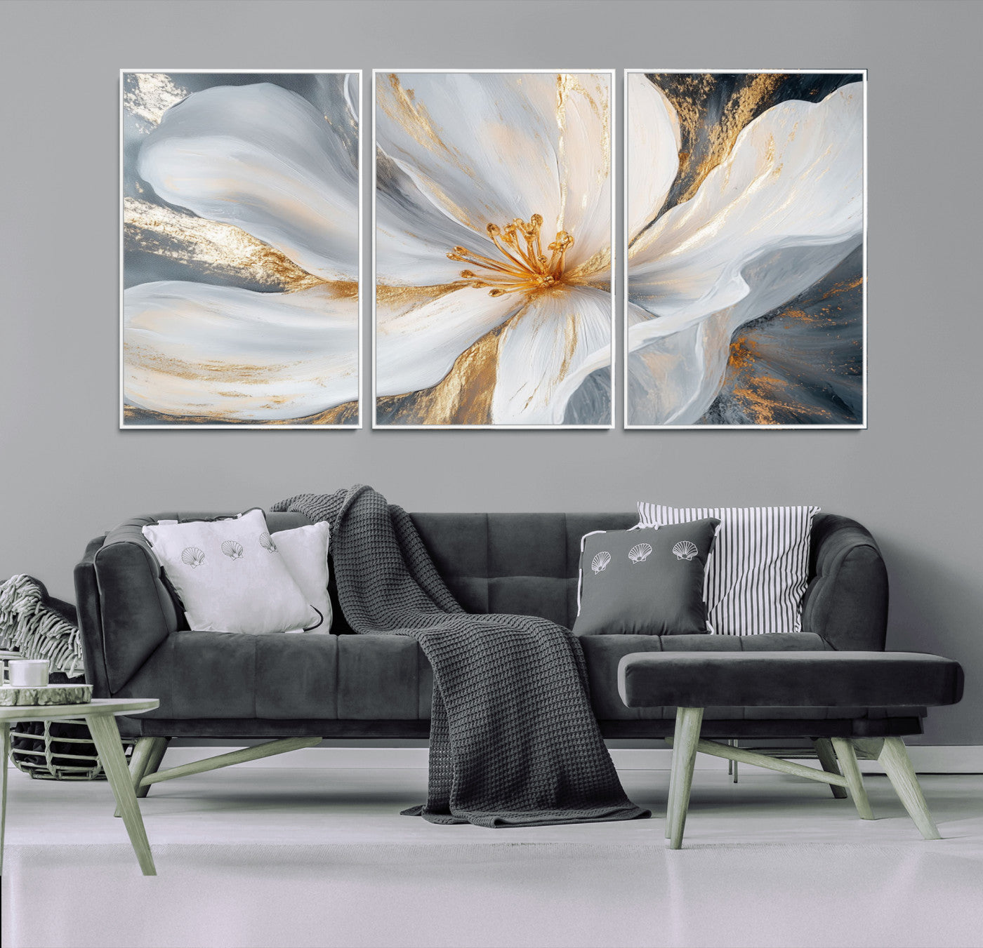 83149-MGV-FC-60X30-3P_White-White and Gold Floral Canvas Wall Art - Framed and Ready to Hang - Perfect for Modern Living Rooms