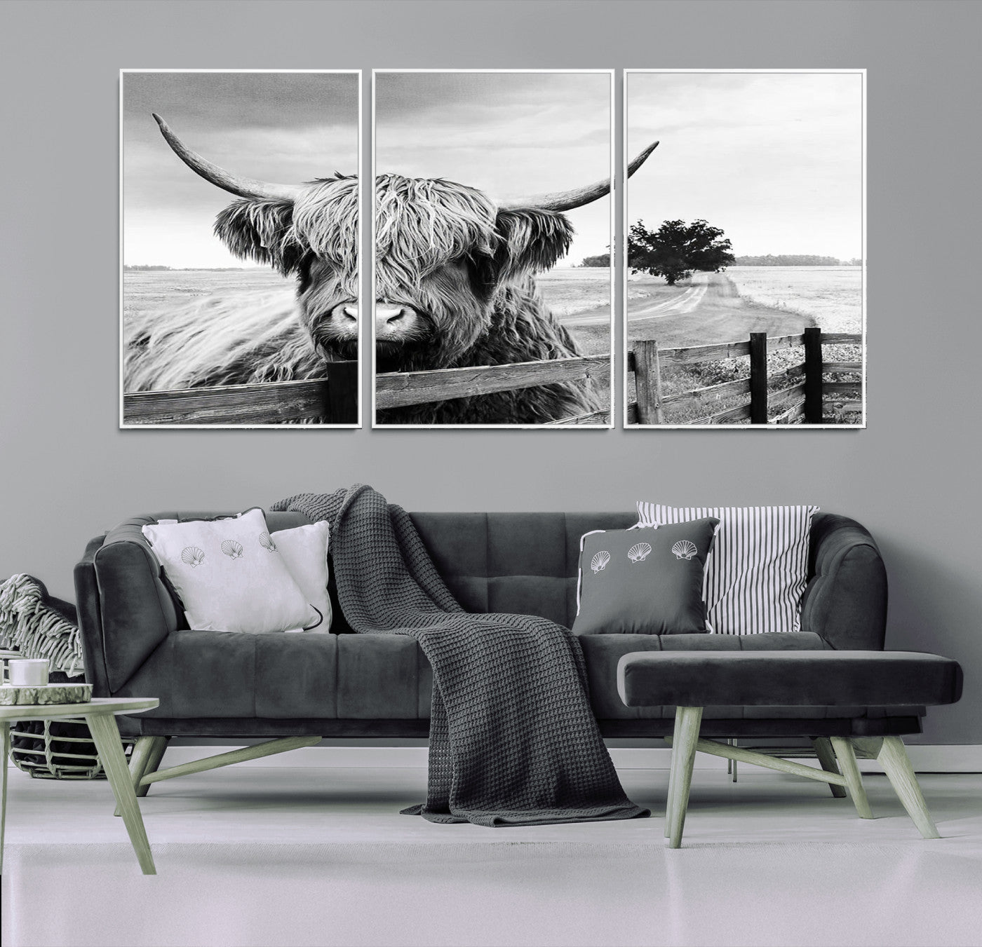 -Scottish Highland Cow Wall Art | Rustic Farmhouse Décor | Black and White Ready to Hang Canvas Print