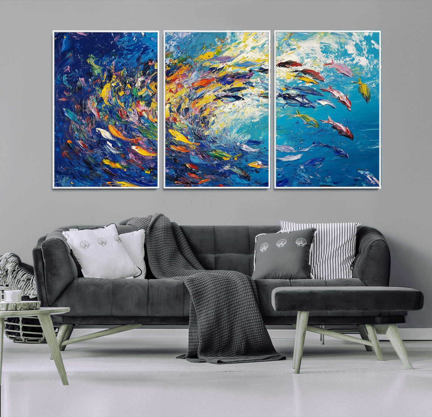 48161-MGV-CV-36X24-Colorful Swirling Fish School Wall Art Canvas Print | Oceanic Abstract Painting | Ready to Hang |