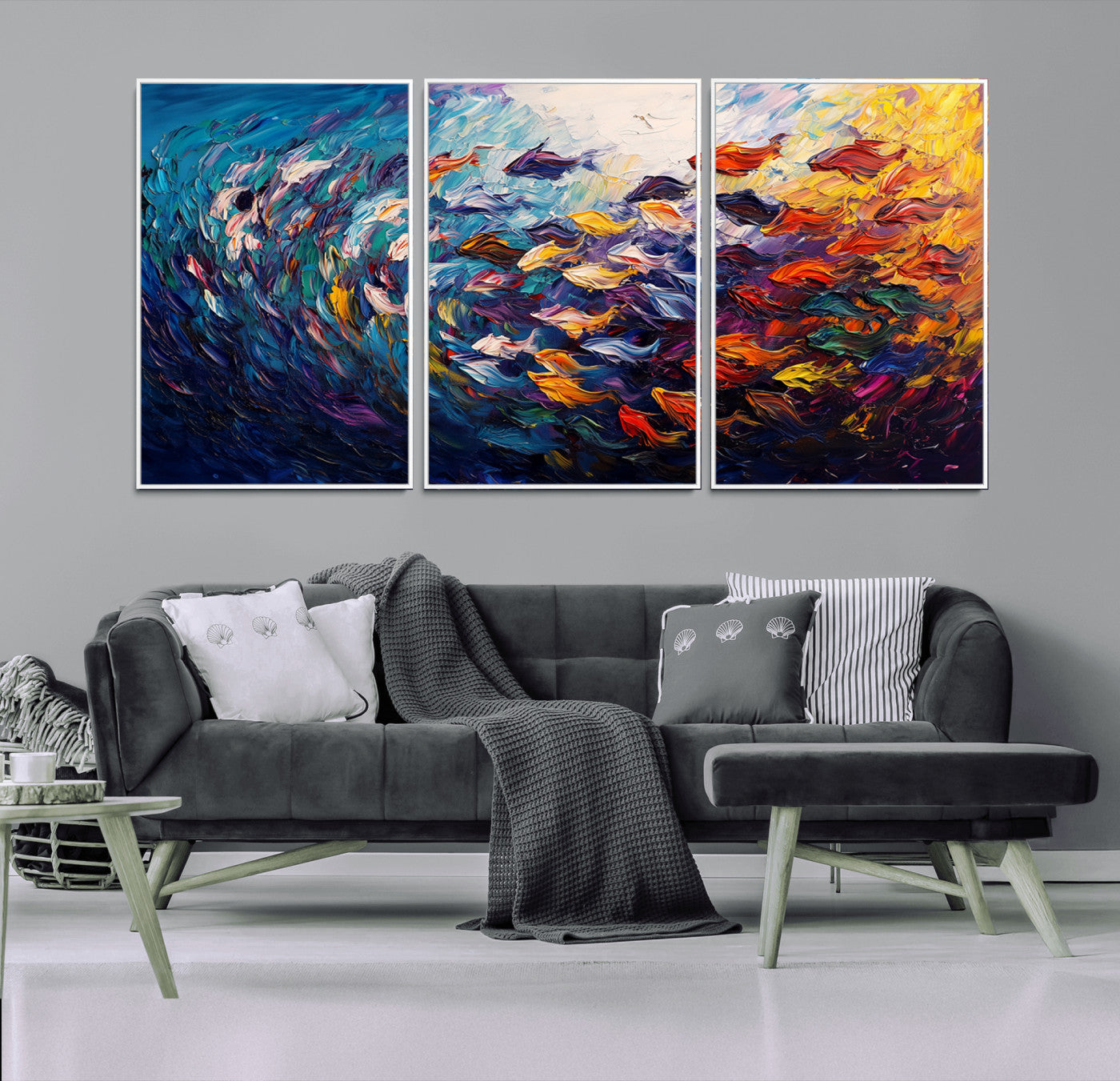 MGV-FC-60X30-3P - Vibrant Abstract Fish Swarm Art – Colorful Fish Inspired 3-Piece Canvas Wall Art for Living Room or