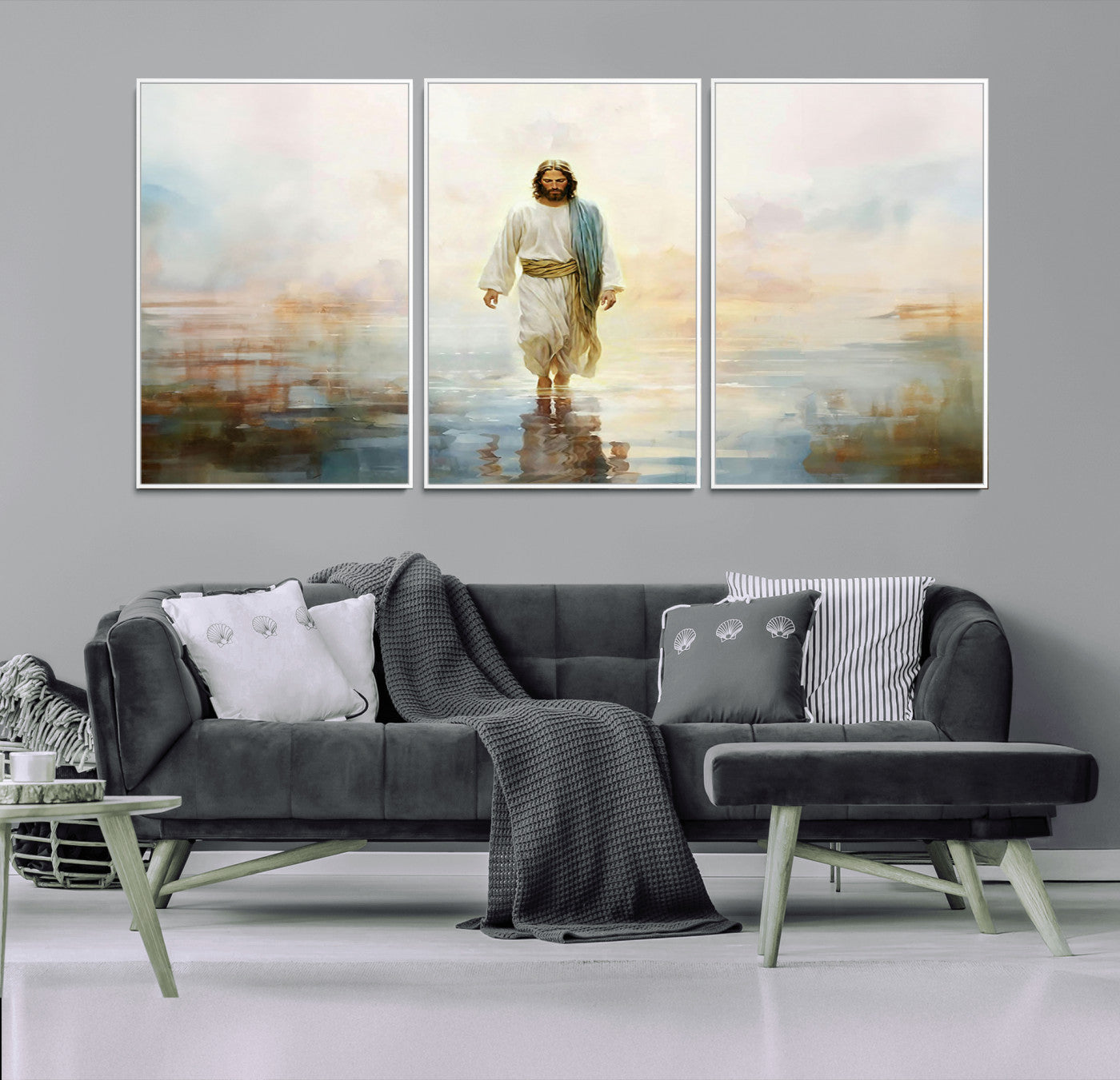41795-MGV-CV-36X24-Framed Jesus Walking on Water Wall Art - 3-Panel Christian Canvas Prints, Religious Artwork for