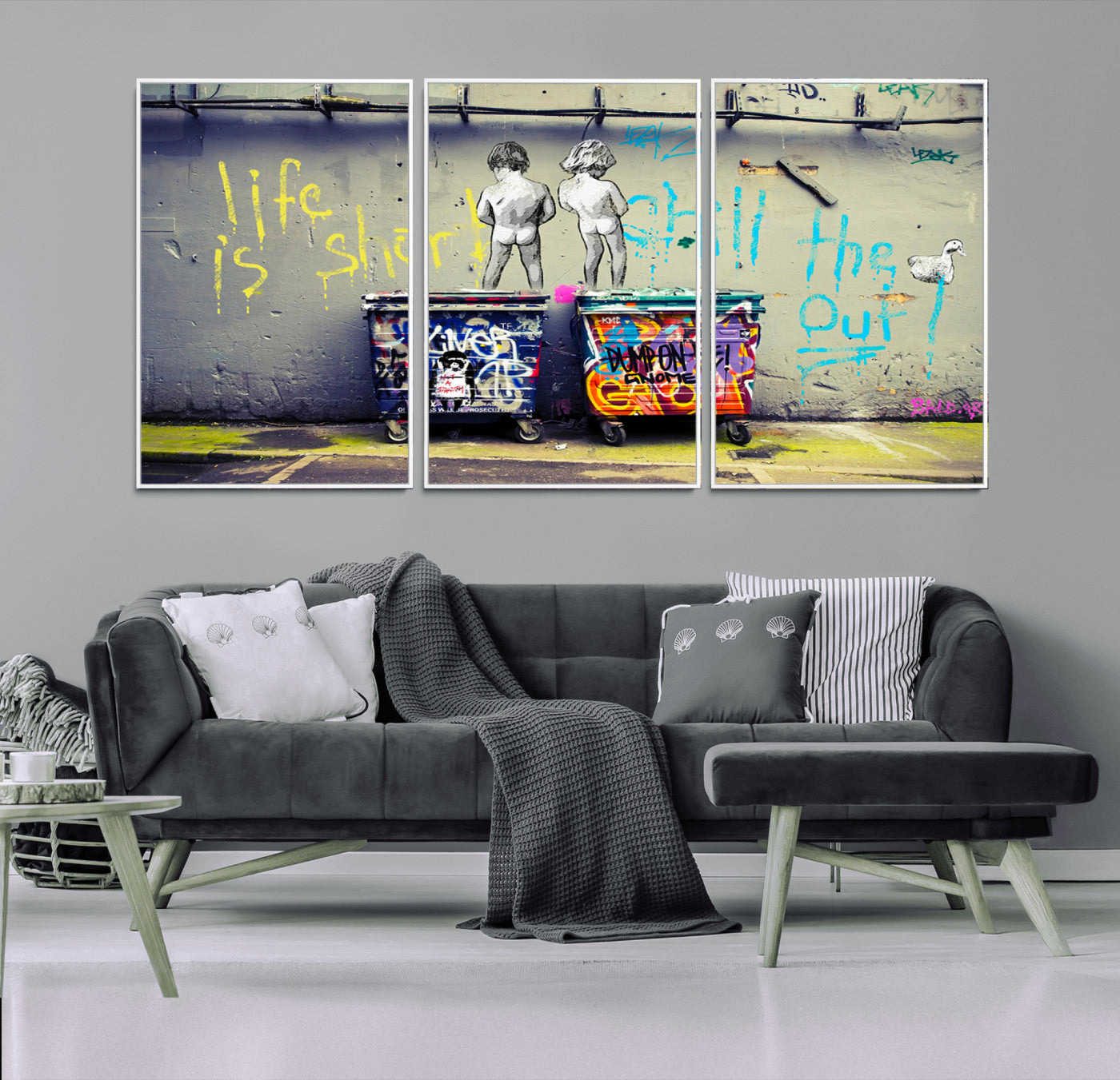 BanksSort-MGV-FC-60X30-3P_White-Banksy Life is Short Wall Art - Iconic Graffiti Art on Framed Ready-to-Hang Canvas - Street Art