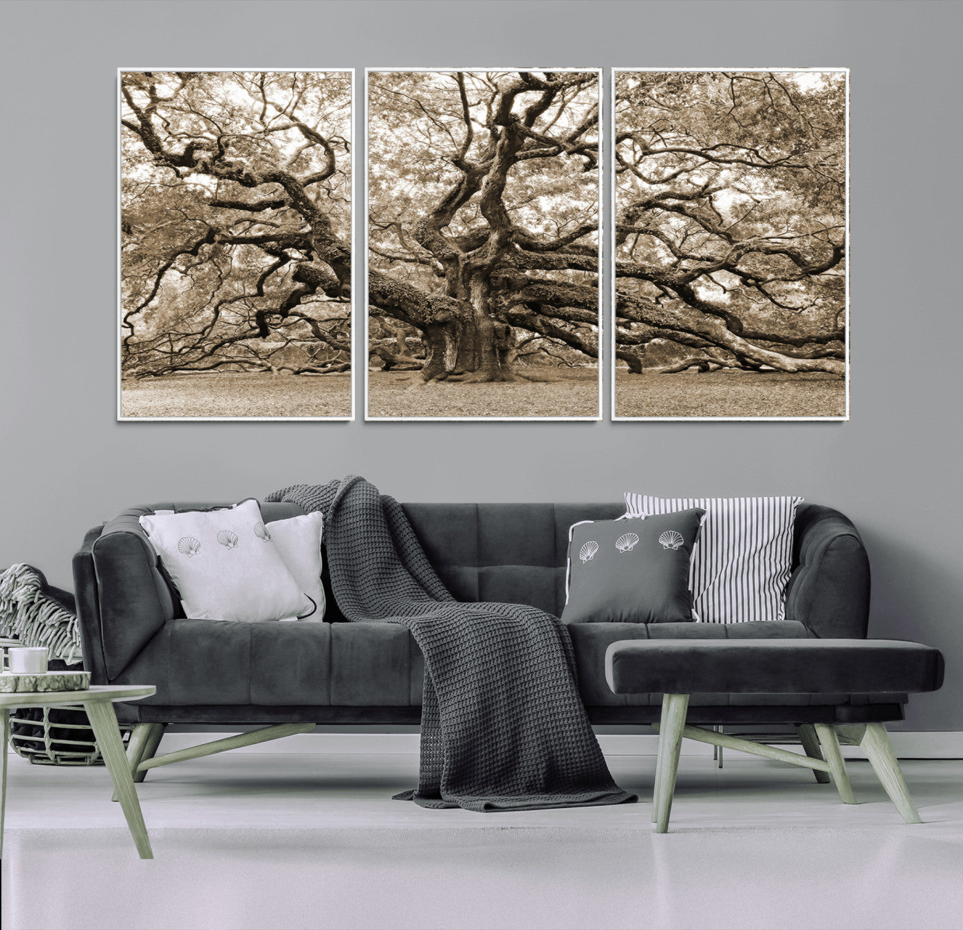 MGV-FC-60X30-3P - Sepia Framed Angel Oak Tree Wall Art - 3-Panel Canvas Prints, Large Green Nature Artwork, Ready to