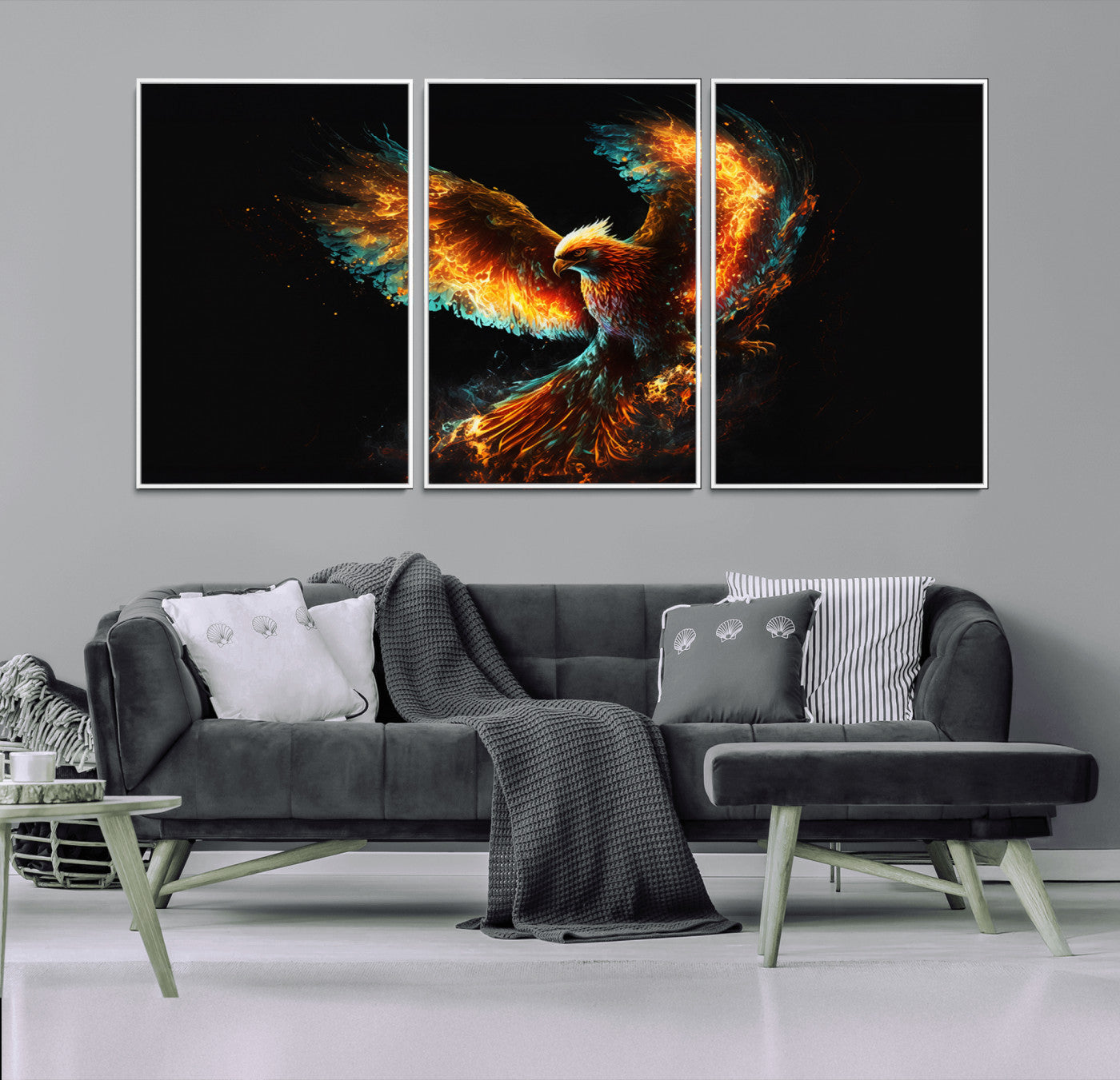 MGV-FC-60X30-3P - Fiery Phoenix Canvas Print | Ready to Hang Wall Art | Bold Fantasy Decor for Living Room | Majestic