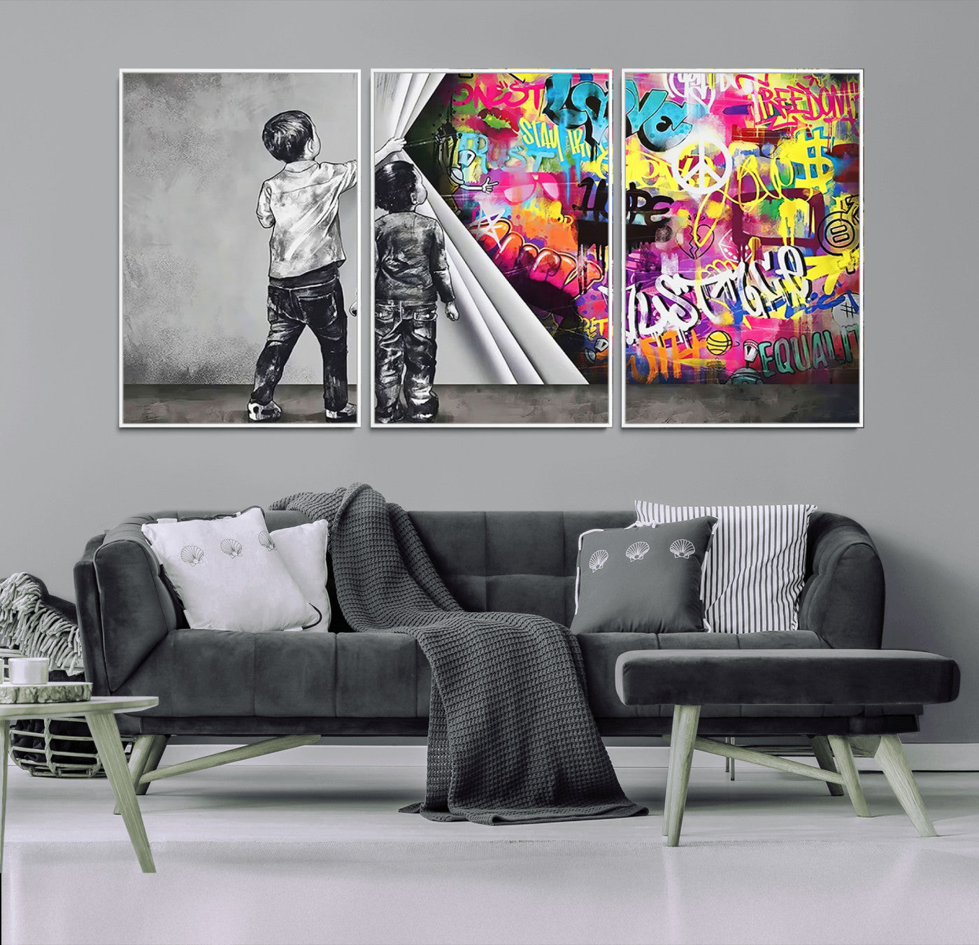 MGV-FC-60X30-3P - Banksy Print - Street Art Canvas Wall Art - Kids Revealing Graffiti, Urban Modern Decor for Living