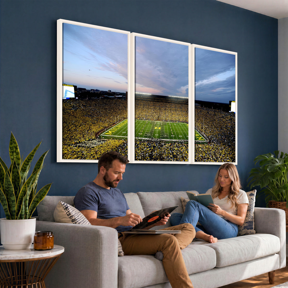 82641-MGV-CV-36X24 - Michigan Stadium Wall Art Canvas Print – Framed Football Field Scene with Marching Band Artwork for Home, Office