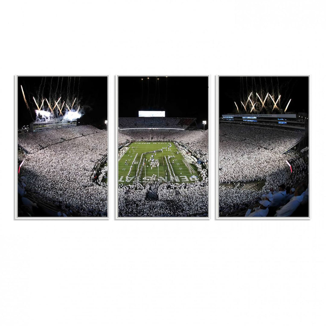 Wide-angle print of a packed stadium with fireworks, ideal gallery-quality wall art - Penn State Nittany Lions Canvas.