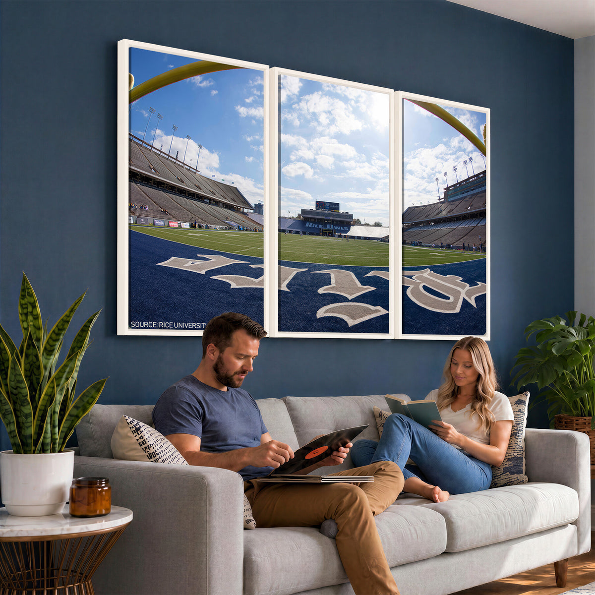 50267-MGV-CV-36X24 - Rice University Owls Football Team Print, Houston Rice Stadium, Framed and Ready to Hang