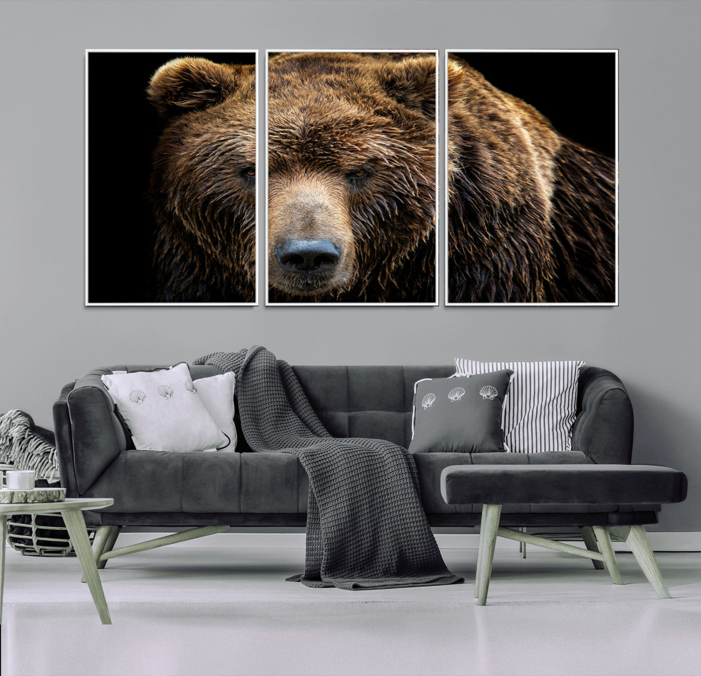 17311-MGV-FC-60X30-3P_White-Grizzly Brown Bear Canvas Wall Art, Wildlife Animal Canvas Artwork Bear Print, Bear Wall Art Print,