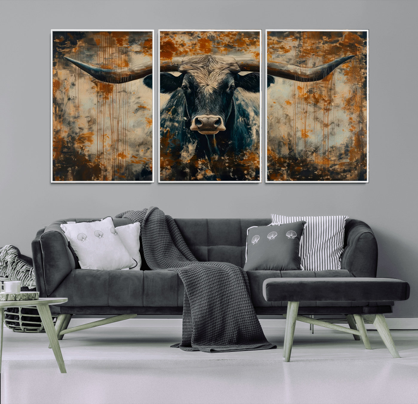 MGV-FC-60X30-3P - Abstract Longhorn Bull Wall Art | Rustic Western Wall Decor | Framed and Ready to Hang | Ideal for