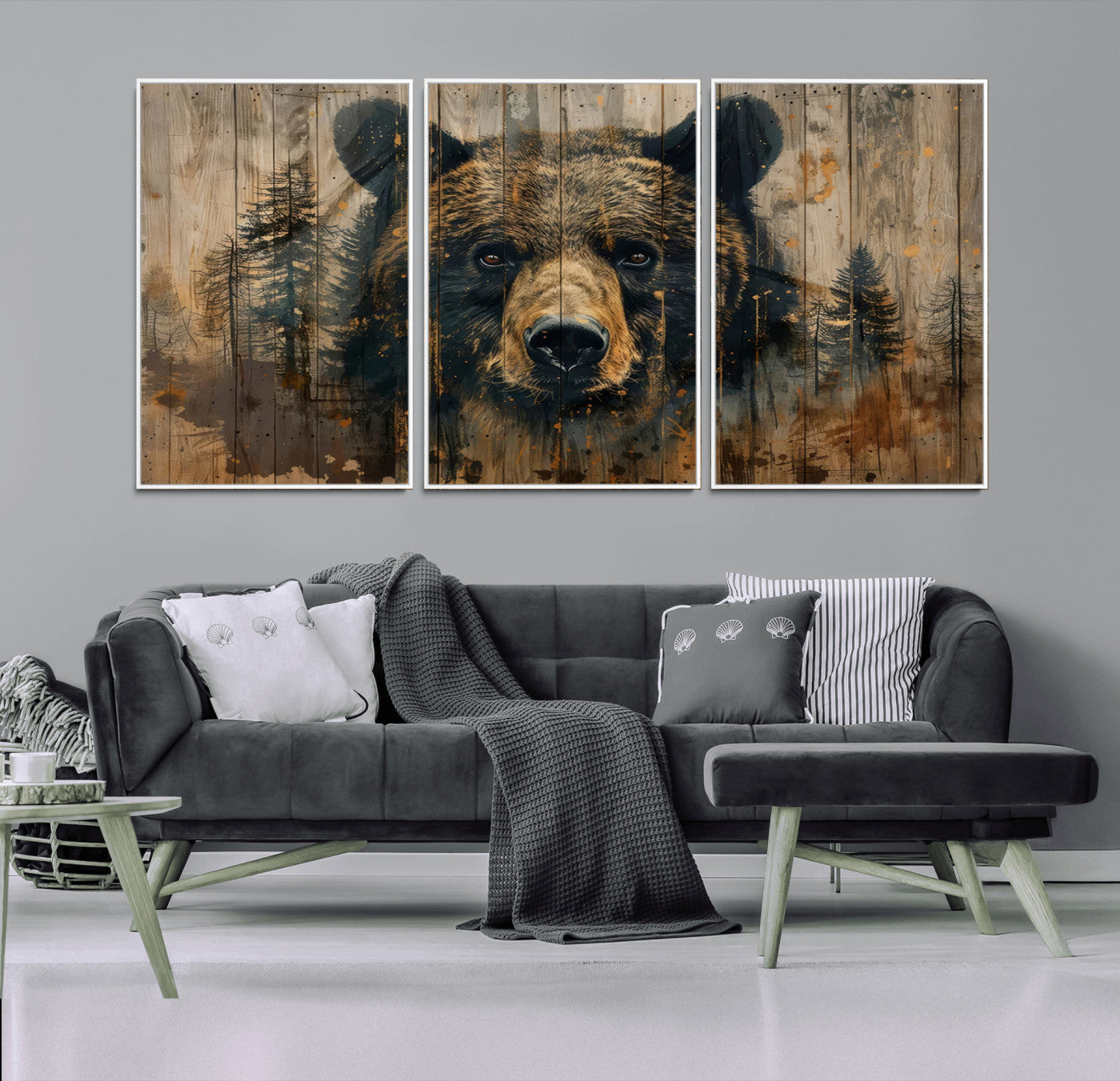 MGV-FC-60X30-3P - Abstract 399 Bear Wall Art | Rustic Cabin Wall Decor with Forest Design | Framed and Ready to Hang |