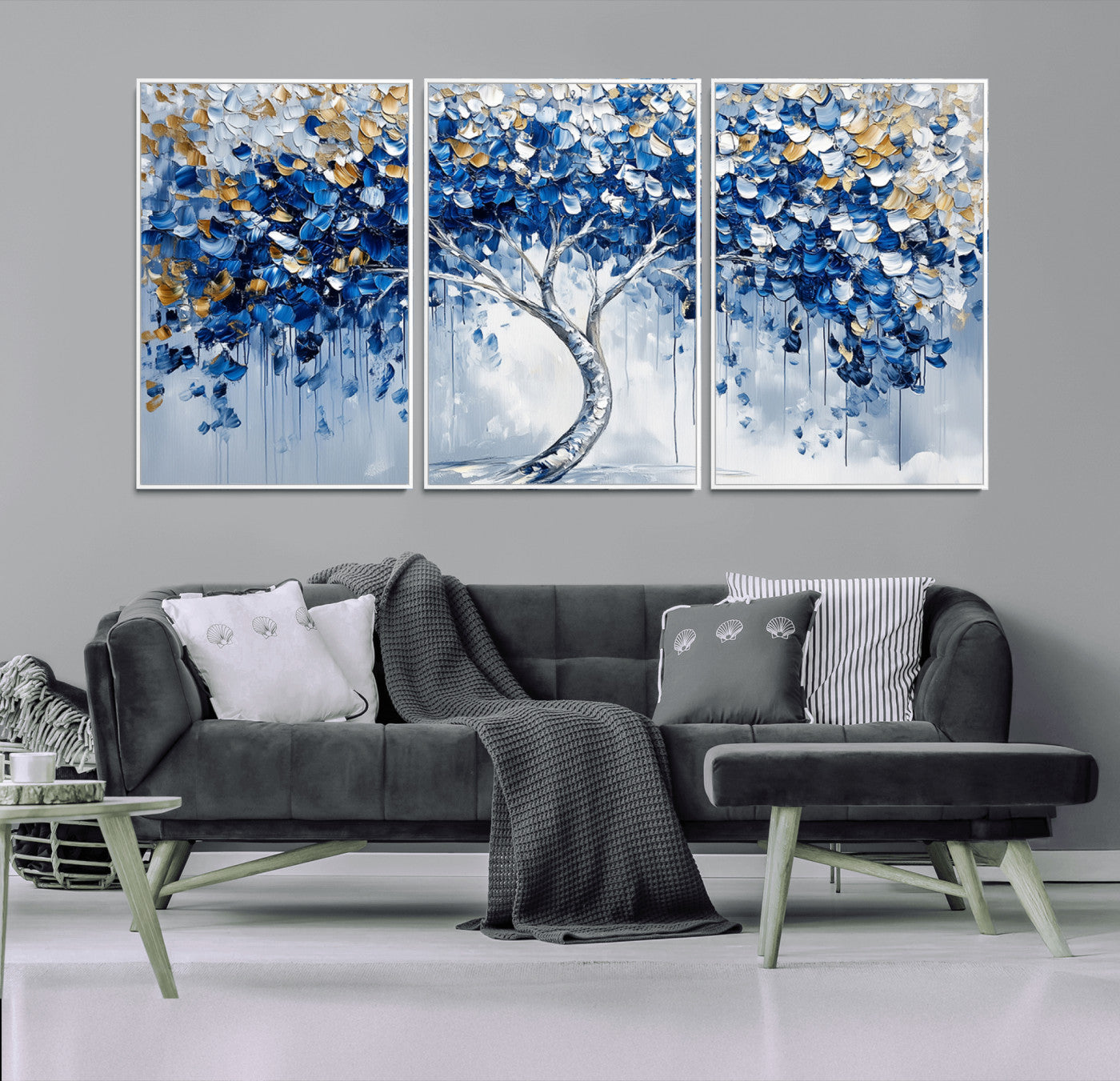 MGV-FC-60X30-3P - Blue and Gold Abstract Tree Wall Art Canvas Print | Modern Tree of Life Painting | Framed Canvas