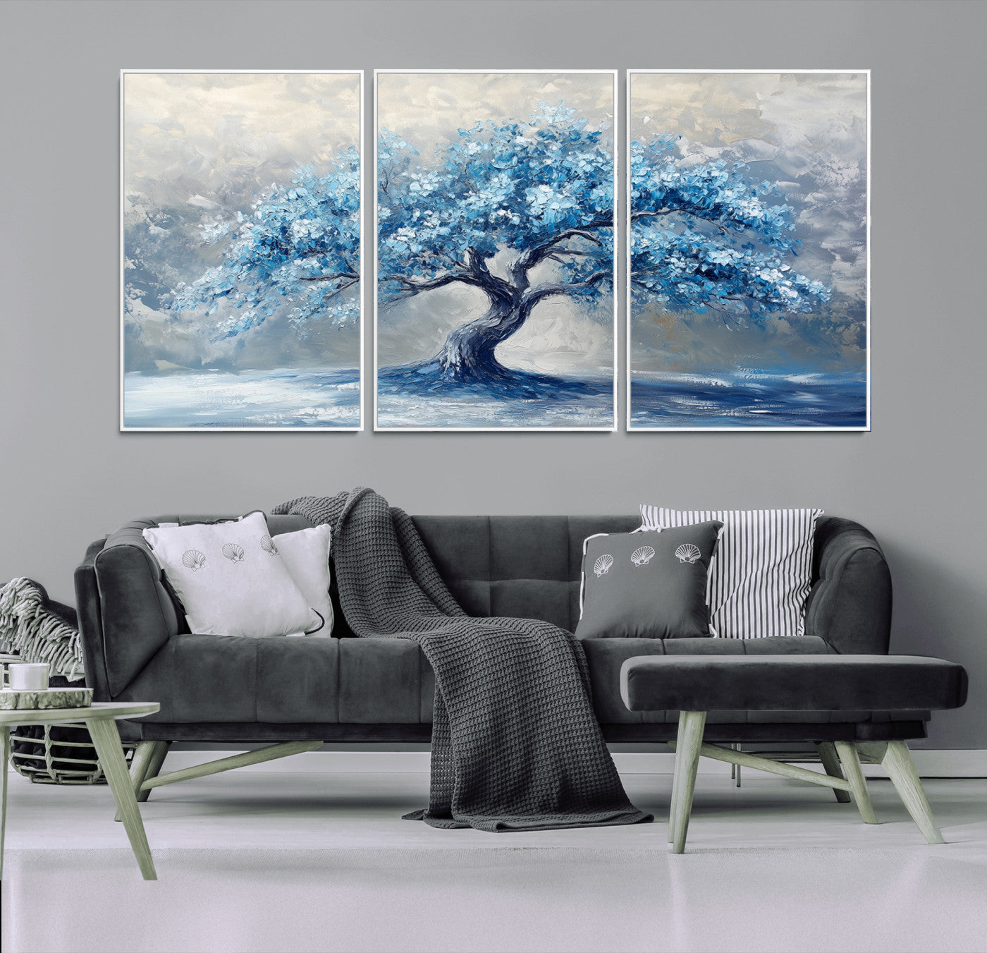 MGV-FC-60X30-3P - Abstract Blue Tree Art Canvas Print, Majestic Tree Wall Art Print for Farmhouse Decor