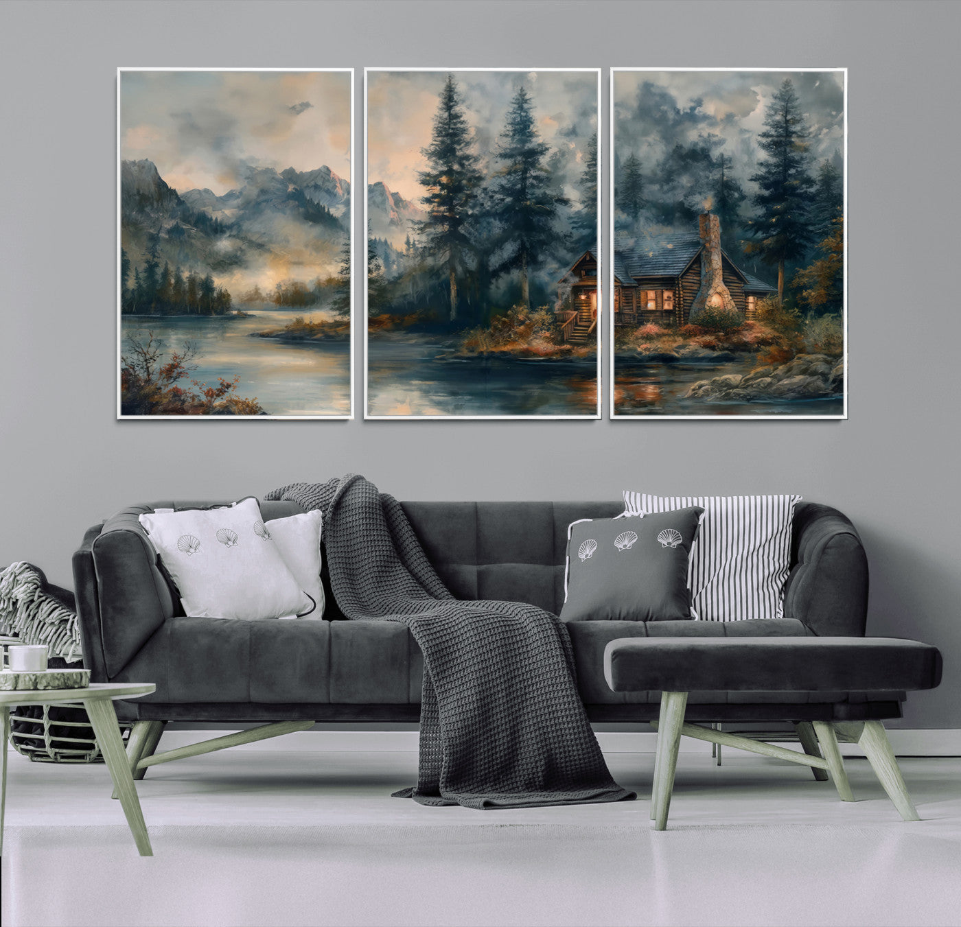 99088-MGV-FC-60X30-3P_White-Rustic Cabin Woods Wall Art Print | Lake in a Forest Canvas Print | Cabin, Lodge, and Farmhouse