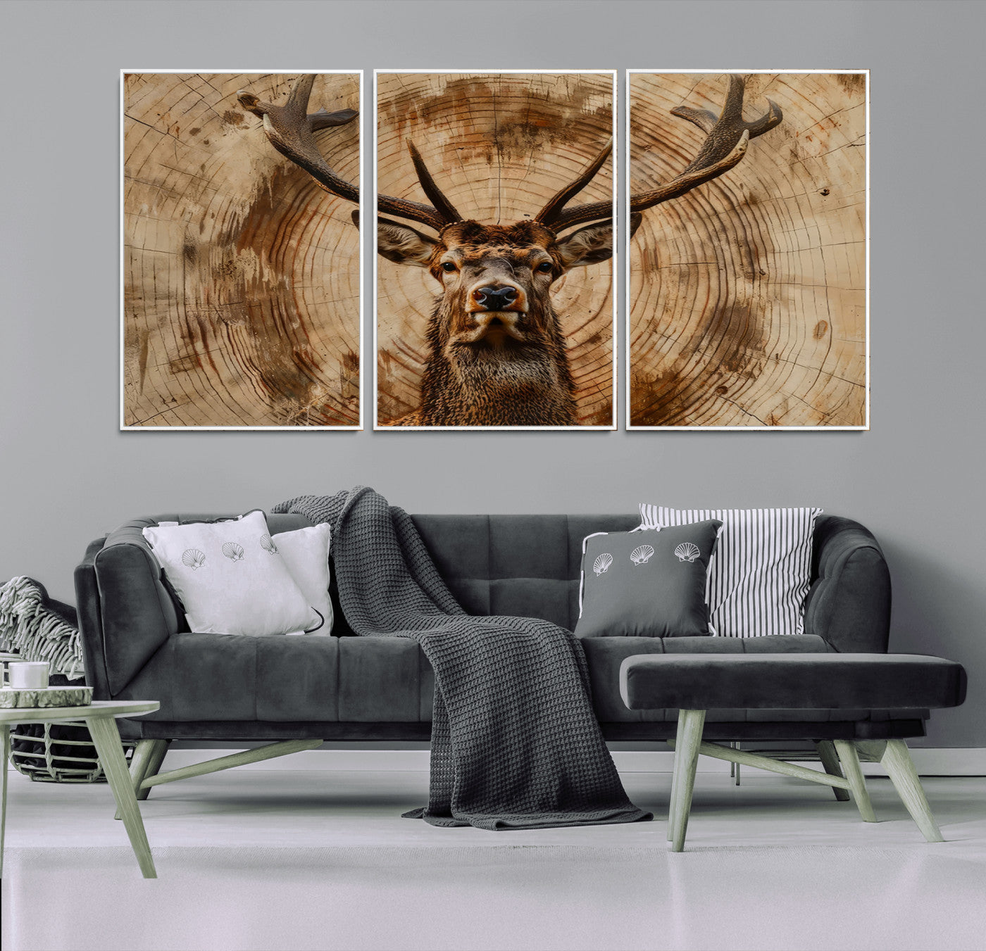 19375-MGV-CV-36X24-Wood Abstract Deer Wall Art | Rustic Wildlife Canvas Print | Ready to Hang Stag Head Triptych for