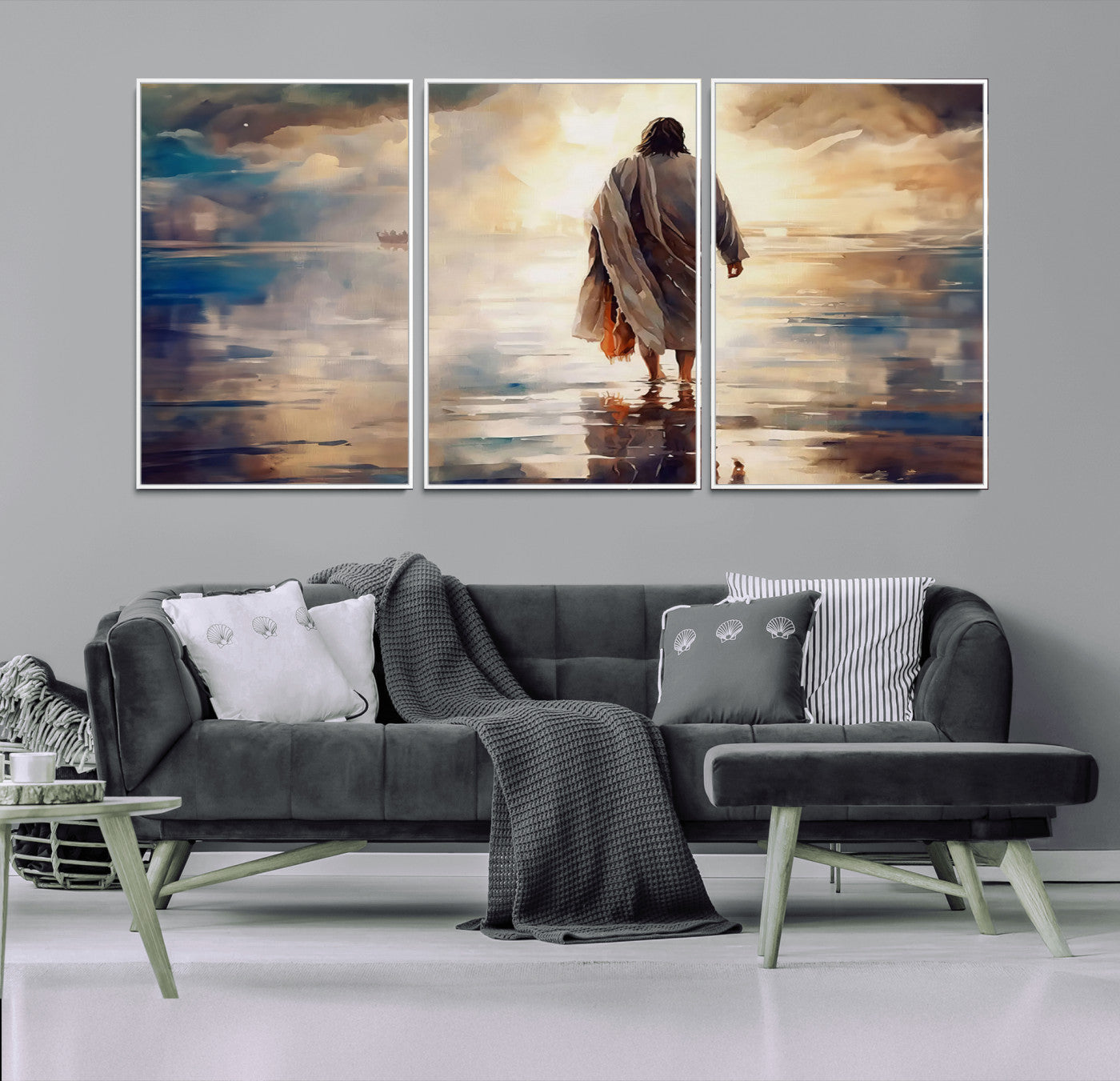 MGV-FC-60X30-3P - Jesus Walking on Water Wall Art | Ready to Hang Spiritual Triptych Canvas Print | Inspirational