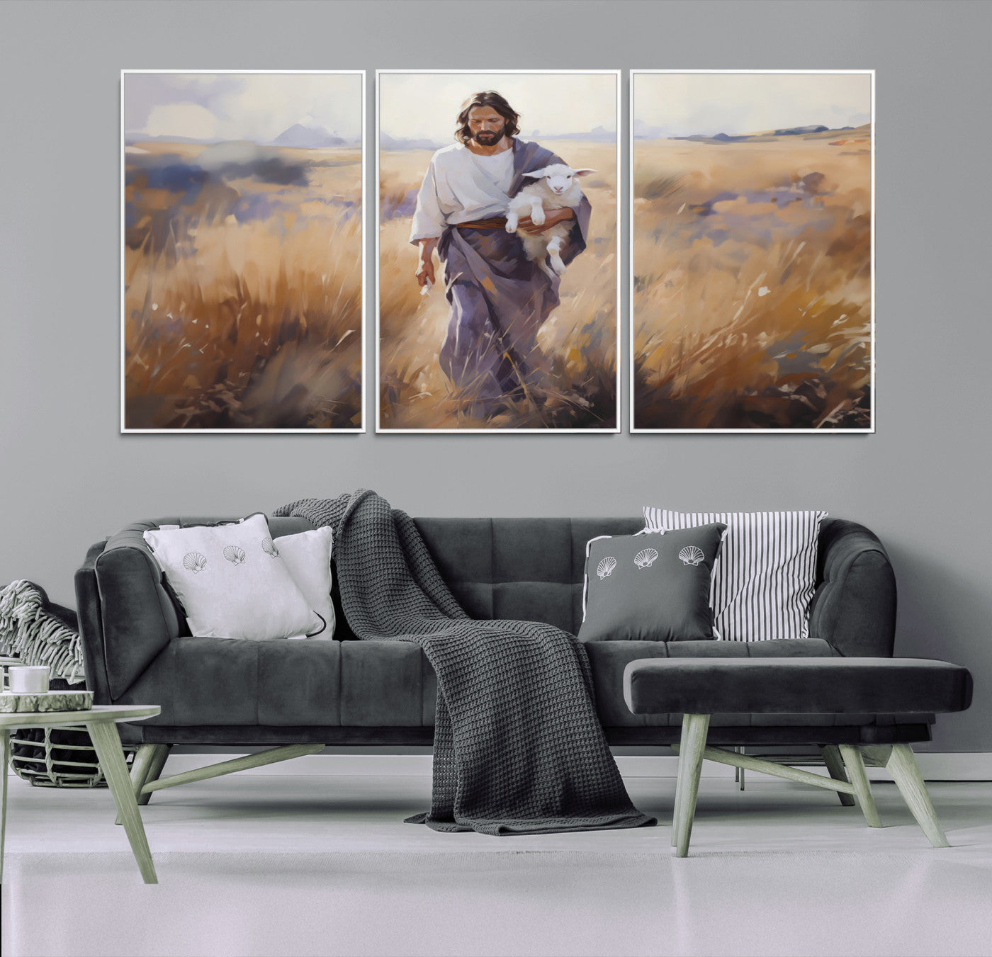 MGV-FC-60X30-3P - Jesus the Good Shepherd Wall Art Canvas Print - Lost Lamb Print for Prayer Room Decor