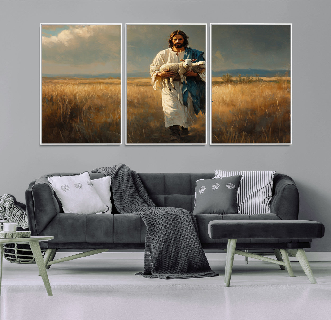 36769-MGV-FC-60X30-3P_White-Jesus Shepherd Wall Art | Ready to Hang Triptych Canvas of Jesus Holding a Lamb in a Field |