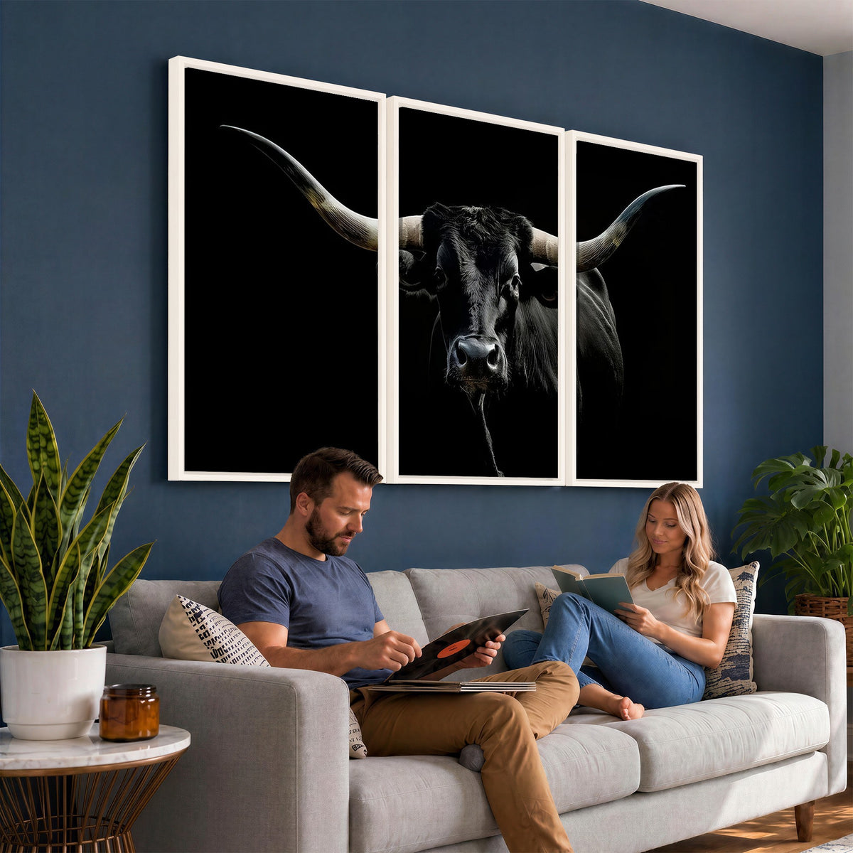 20679-MGV-CV-24X16 - Texas Black Longhorn Bull Wall Art Canvas Print, Western Cattle Rustic Decor