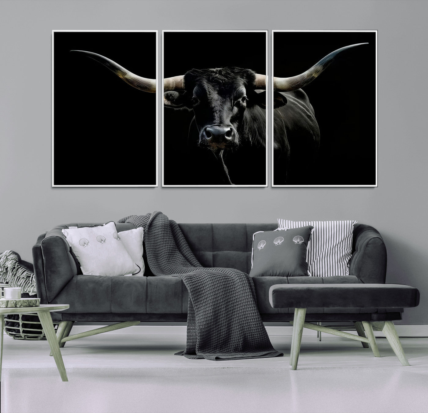 MGV-FC-60X30-3P - Texas Black Longhorn Bull Wall Art Canvas Print - Western Texas Cattle Rustic Decor Print - Longhorn