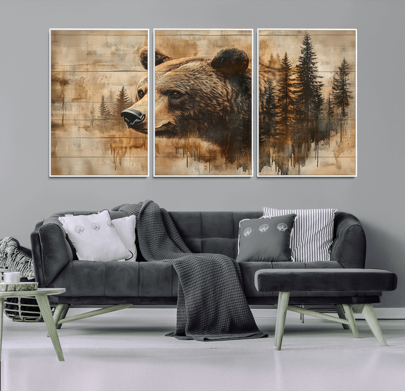 MGV-FC-60X30-3P - Rustic Grizzly Bear Wall Art, Abstract Grizzly 399 Bear Wall Art Canvas Print - Woodland Wildlife