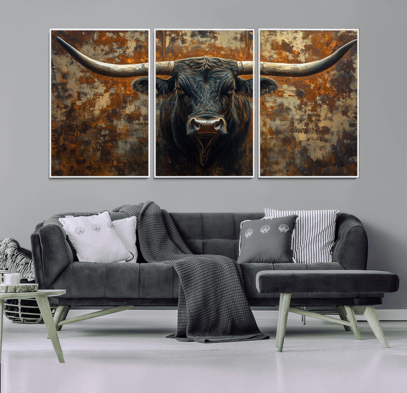 MGV-FC-60X30-3P - Longhorn Texas Cow Bull Wall Art | Rustic Farmhouse Canvas Print | Ready to Hang Barn Decor for