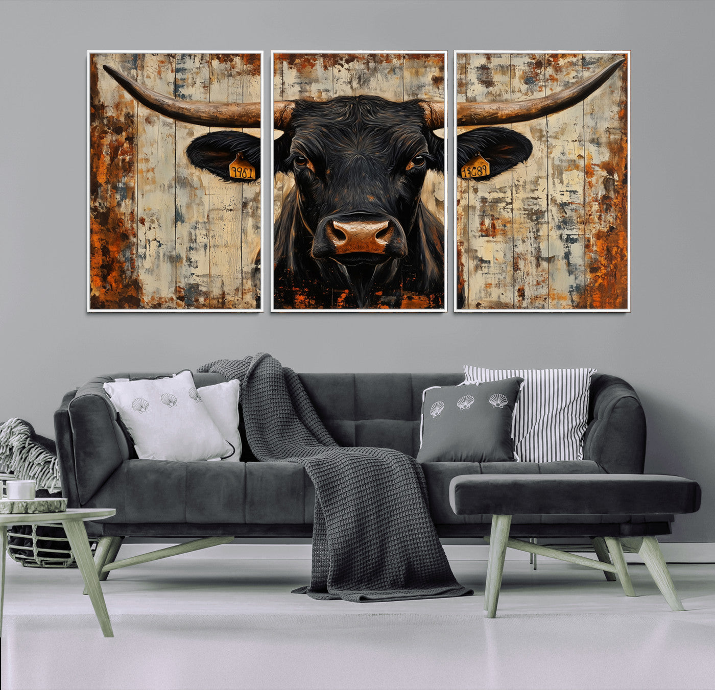 MGV-FC-60X30-3P - Rustic Texas Artwork Wall Art Canvas Print - Abstract Cow Longhorn Bull Wall Art Canvas Print