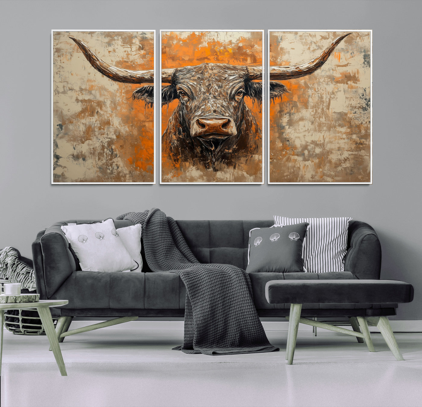 MGV-FC-60X30-3P - Abstract Cow Longhorn Bull Wall Art Canvas Print - Rustic Texas Western Cattle Artwork