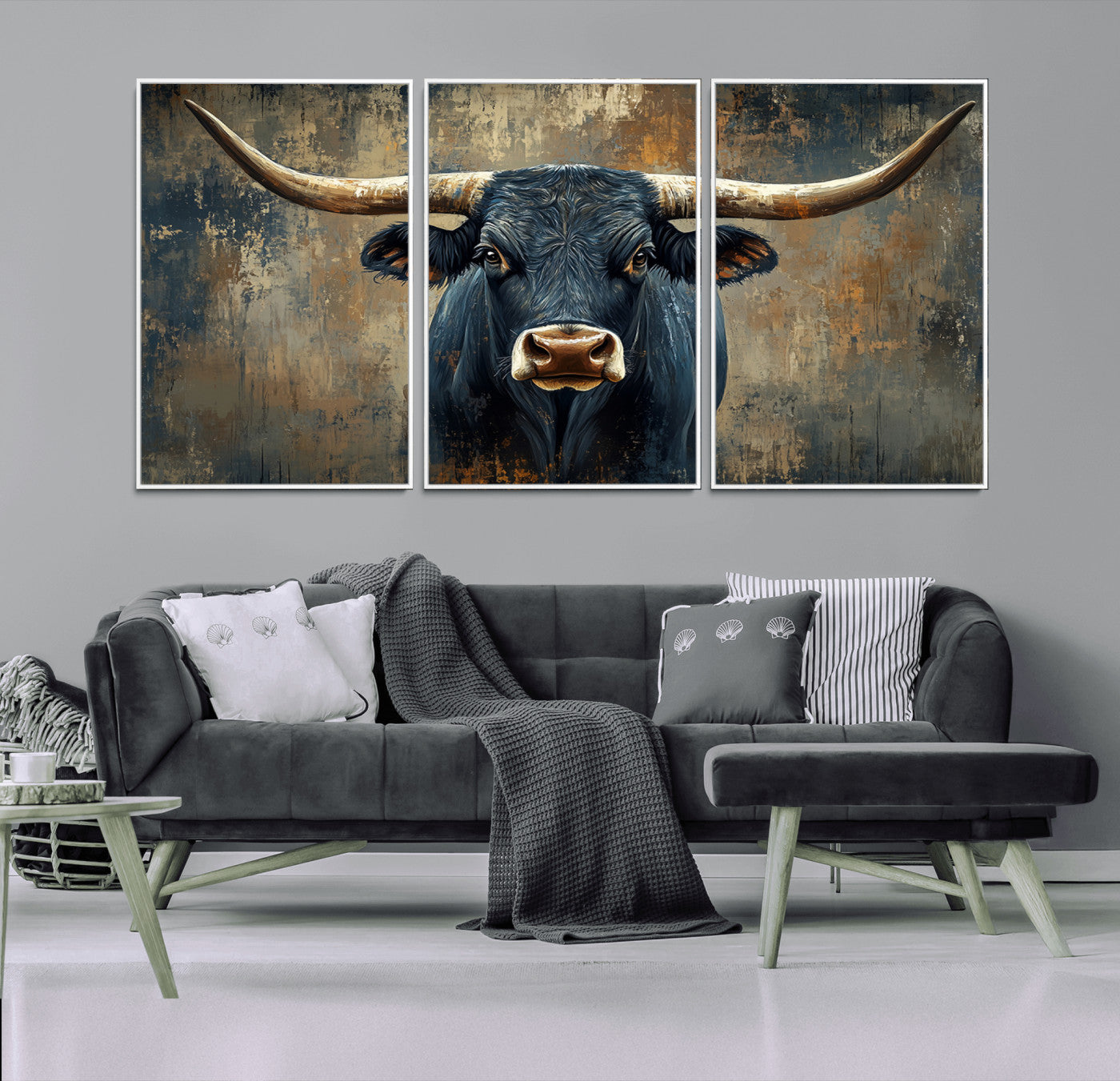 MGV-FC-60X30-3P - Texas Western Wall Art Canvas Print - Abstract Cow Longhorn Bull Wall Art Canvas Print - Rustic Cow