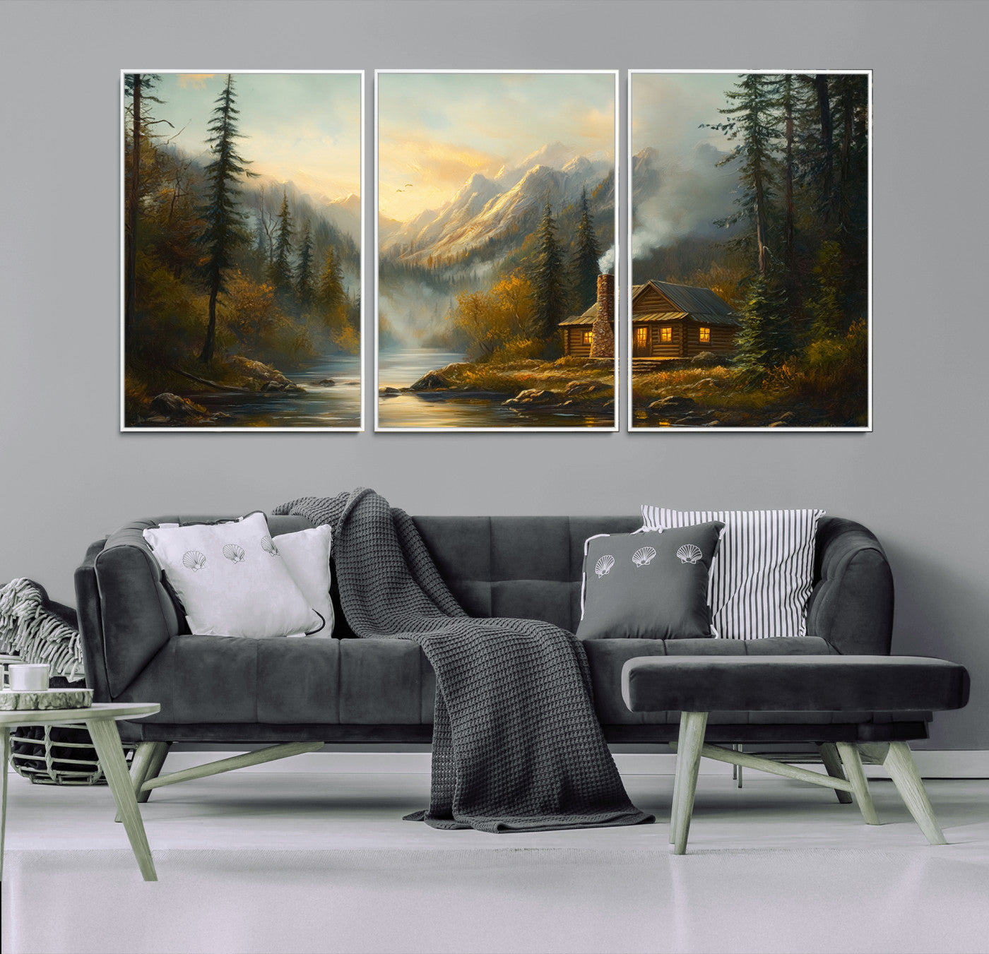 MGV-FC-60X30-3P - Wood Cabin Retreat Mountain at Sunset Wall Art Print - Serene Forest and River Landscape Wall Art