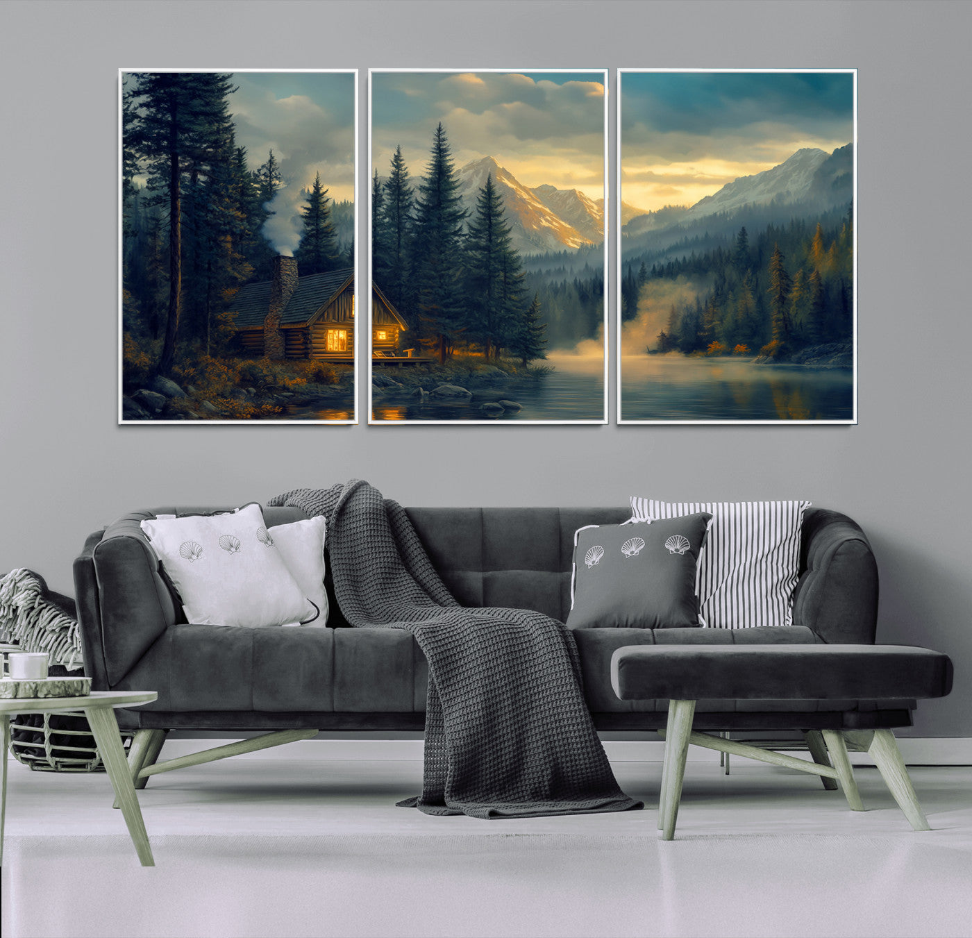 MGV-FC-60X30-3P - Mountain Cabin by the Lake at Sunset Wall Art - Serene Nature Canvas Print for Living Room Decor,