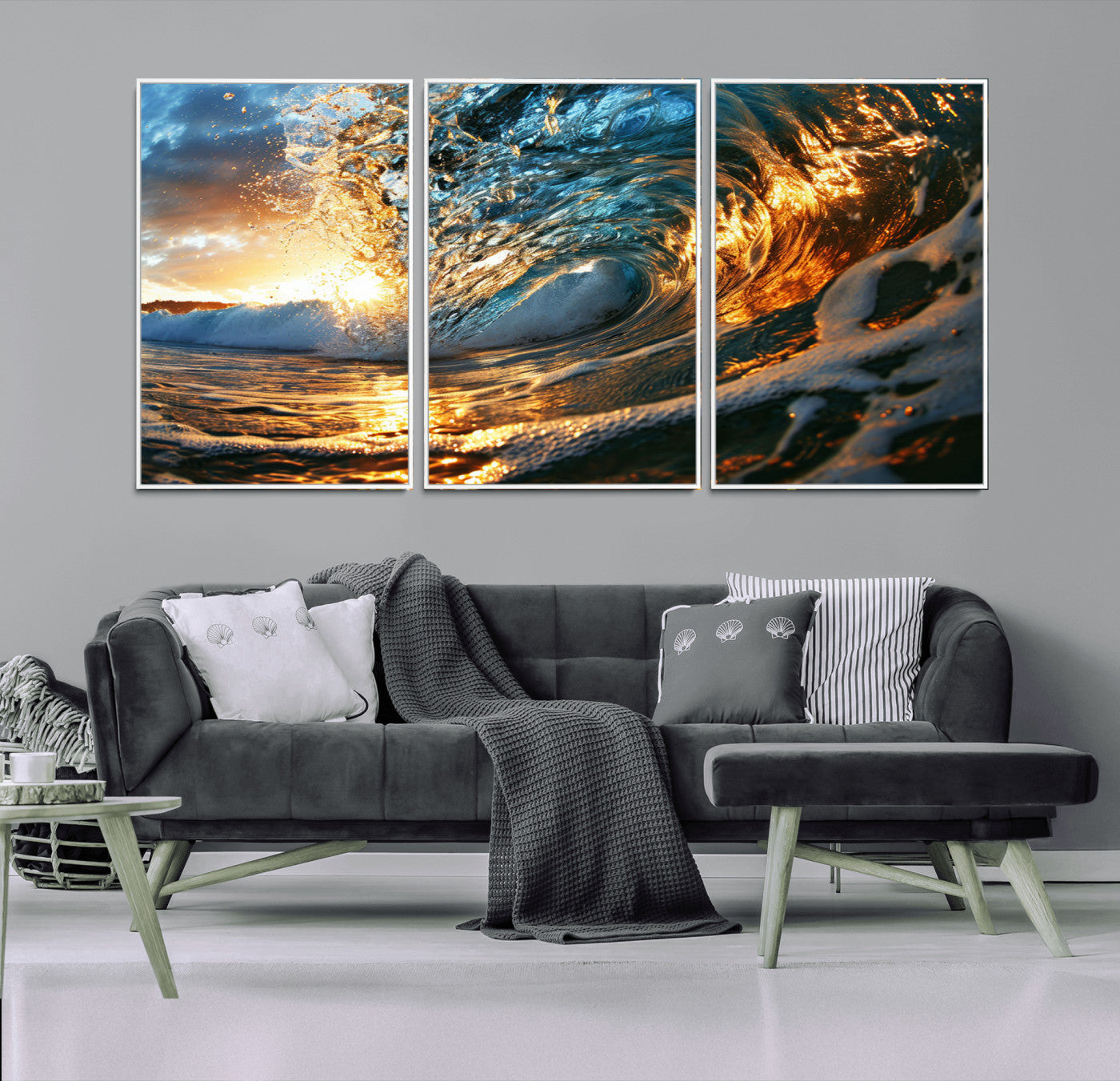 MGV-FC-60X30-3P - Ocean Wave at Sunset Canvas Wall Art – Vibrant Coastal Beach Waves Print, Large Nautical Decor,