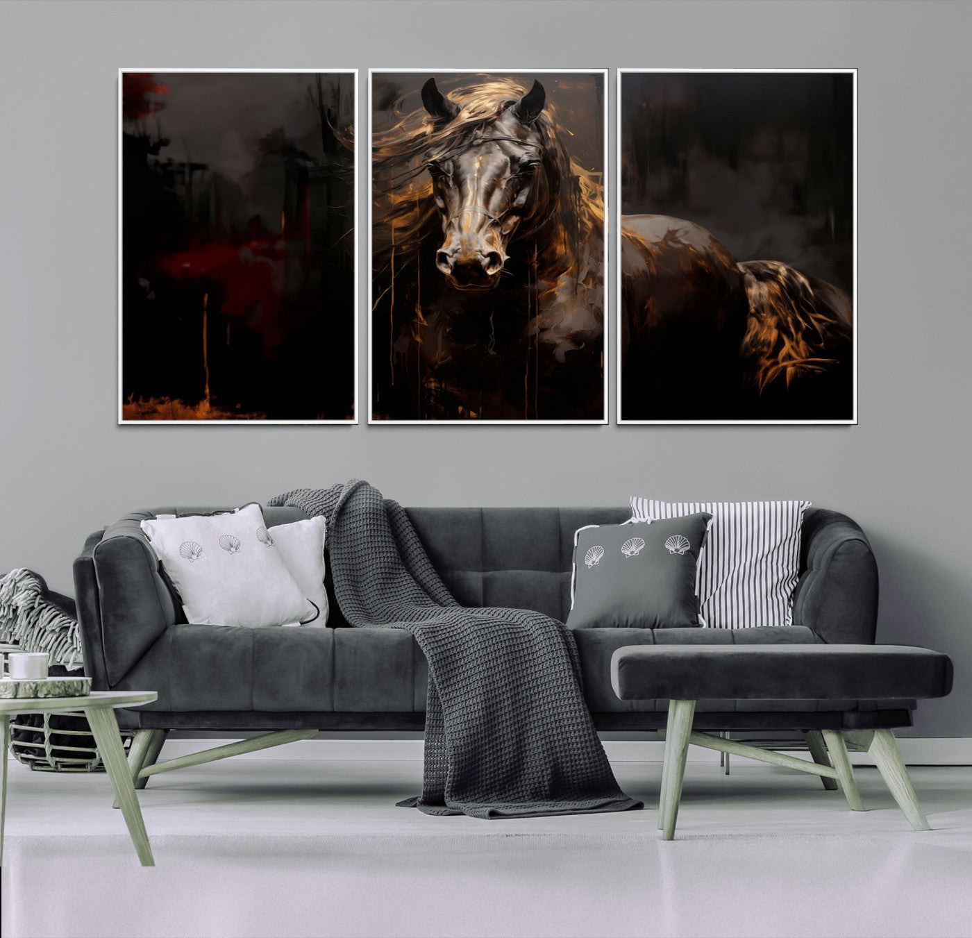 MGV-FC-60X30-3P - Abstract Black Horse Canvas Print for Farmhouse Wall Art | Abstract Equine Wall Art | Western Decor