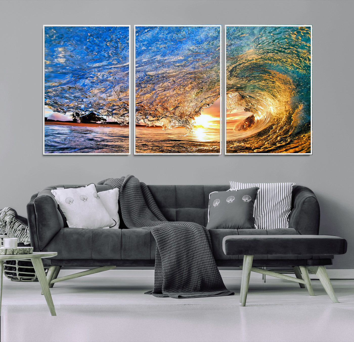 MGV-FC-60X30-3P - Ocean Wave at Sunset Canvas Wall Art – Vibrant Coastal Beach Waves Print, Large Nautical Decor,