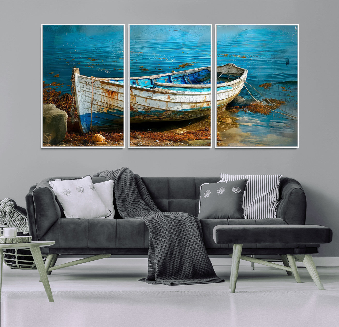 54716-MGV-CV-36X24-Vintage Boat on Tranquil Waters | Coastal Wall Art for Nautical Decor | Rustic Triptych Canvas Print