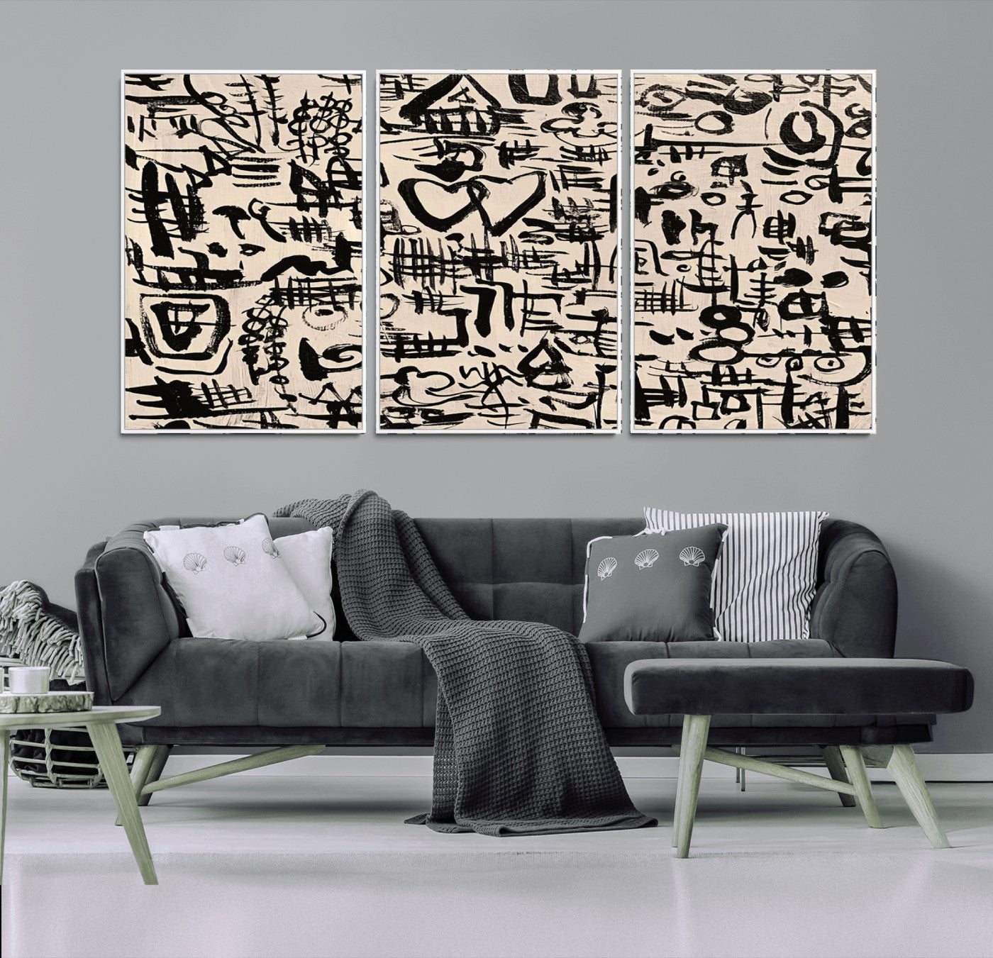 68273-MGV-FC-60X30-3P - Abstract Love and Chaos Canvas Print, Black Symbols on Beige