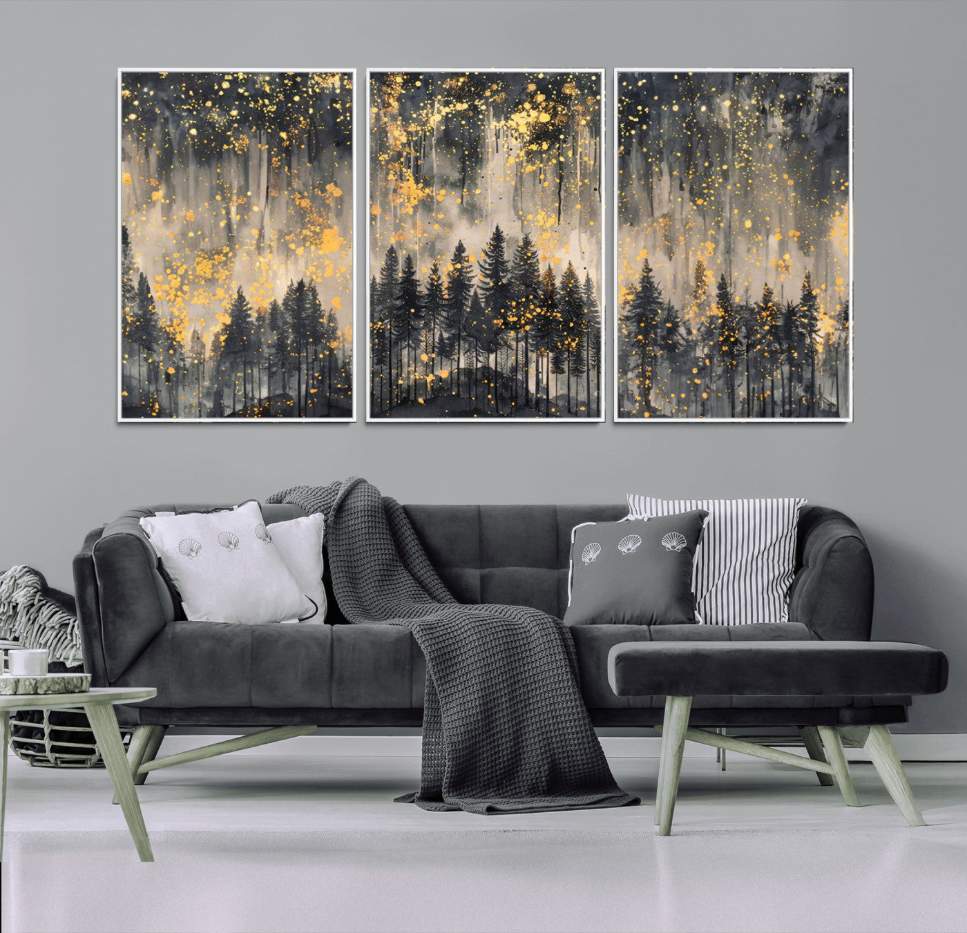 -Golden Forest Abstract Wall Art | Dark Forest with Gold Splatter Accents | Triptych Ready to Hang