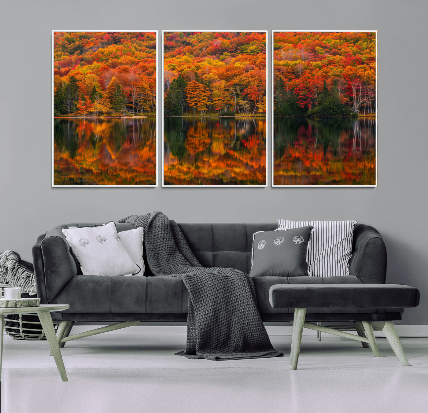 MGV-FC-60X30-3P - Fall Foliage Wall Art - Autumn Reflection Canvas Print, Stunning Fall Foliage Wall Art, Serene Lake