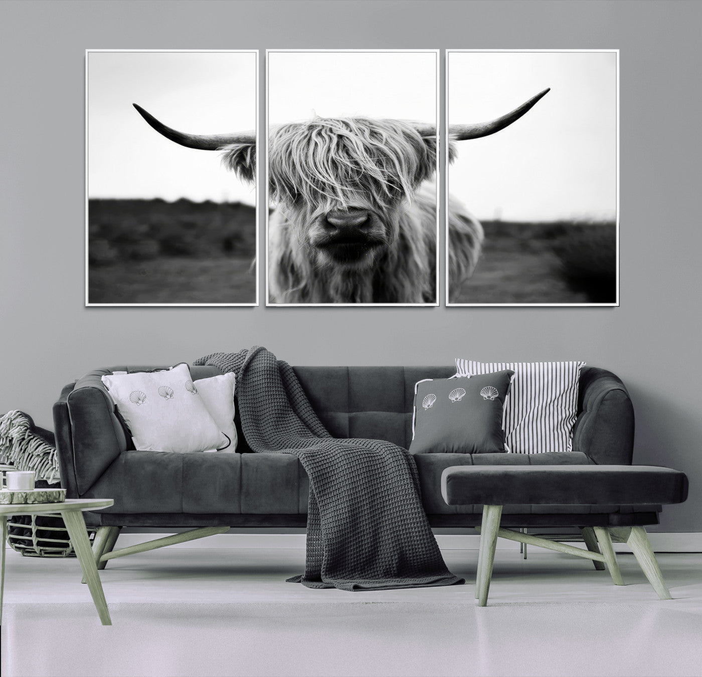 MGV-FC-60X30-3P - Highland Cow Wall Art | Black and White Farmhouse Decor | Triptych Canvas Print | Rustic Barn Decor
