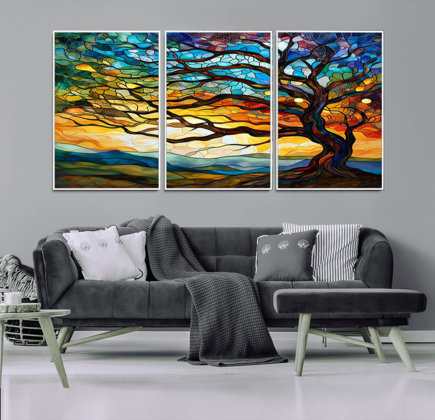 MGV-FC-60X30-3P - Vibrant Mosaic Tree of Life Wall Art | Stained Glass Style Canvas Print | Ready to Hang Artistic
