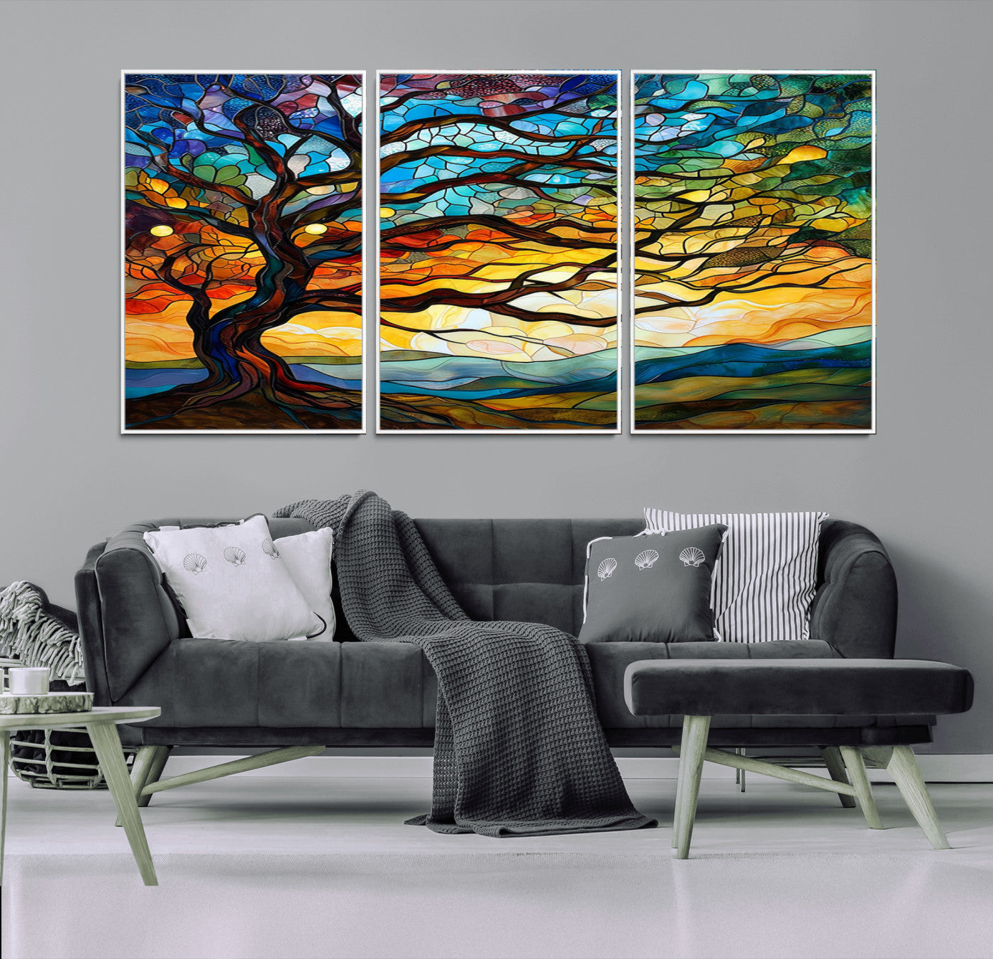MGV-FC-60X30-3P - Mosaic Tree Wall Art | Ready to Hang Stained Glass Style Canvas Print | Farmhouse Wall Decor, Cabin