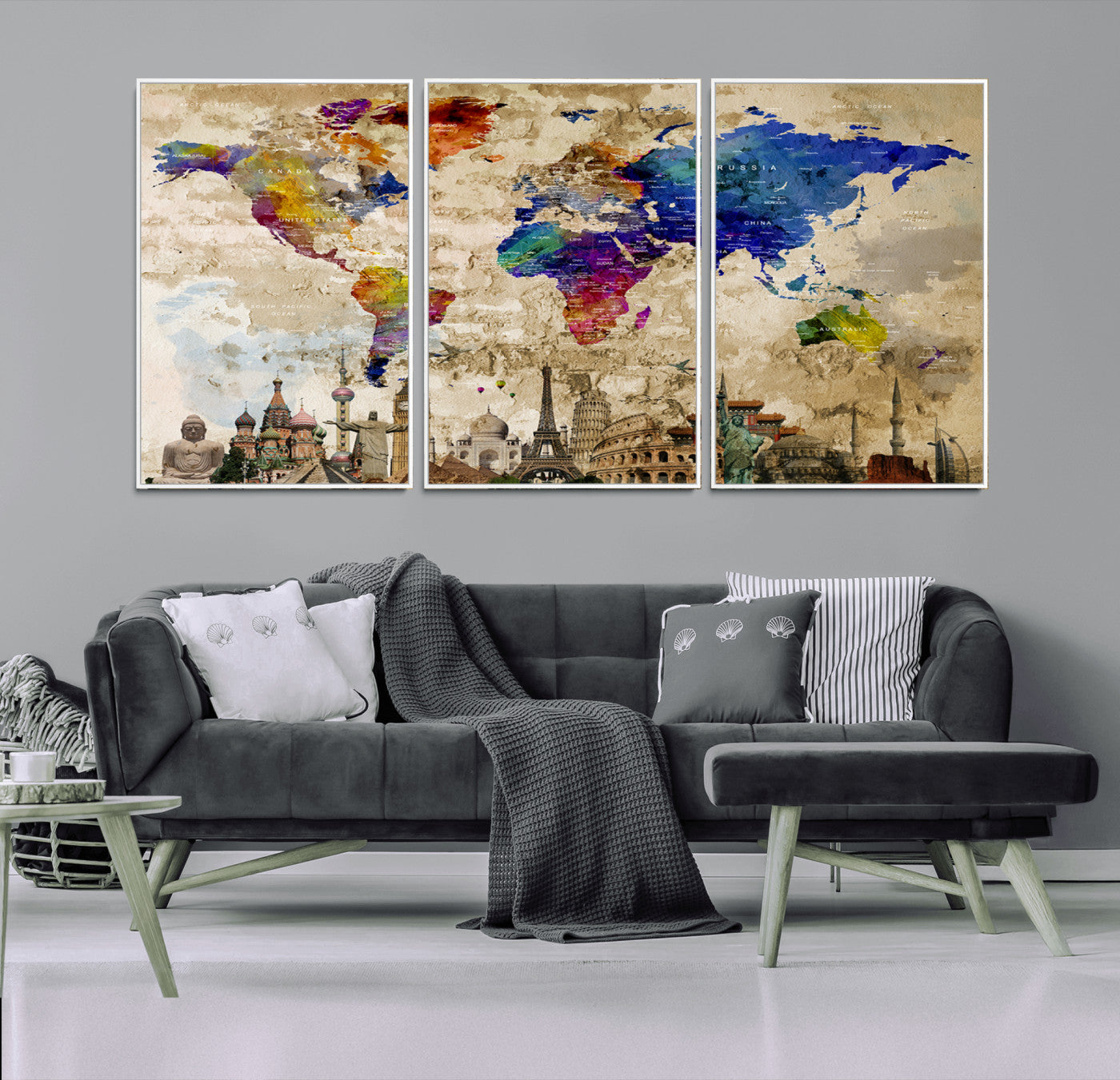 12168-MGV-CV-36X24-Push Pin World Map Canvas Print – Framed Travel Tracker Wall Art for Couples, Anniversary Gift and Modern Home Decor