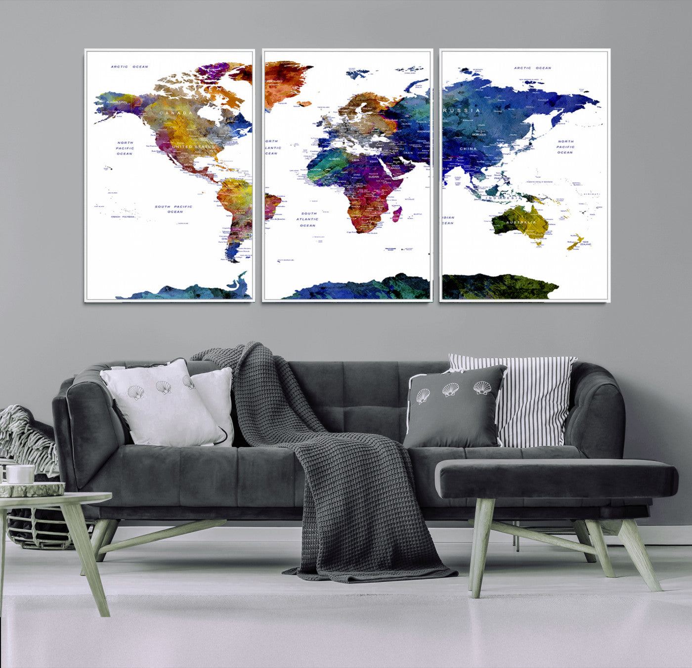 90446-MGV-CV-36X24-Colorful Watercolor World Map Canvas Wall Art – Framed Modern Push Pin Travel Map for Home and Office Decor